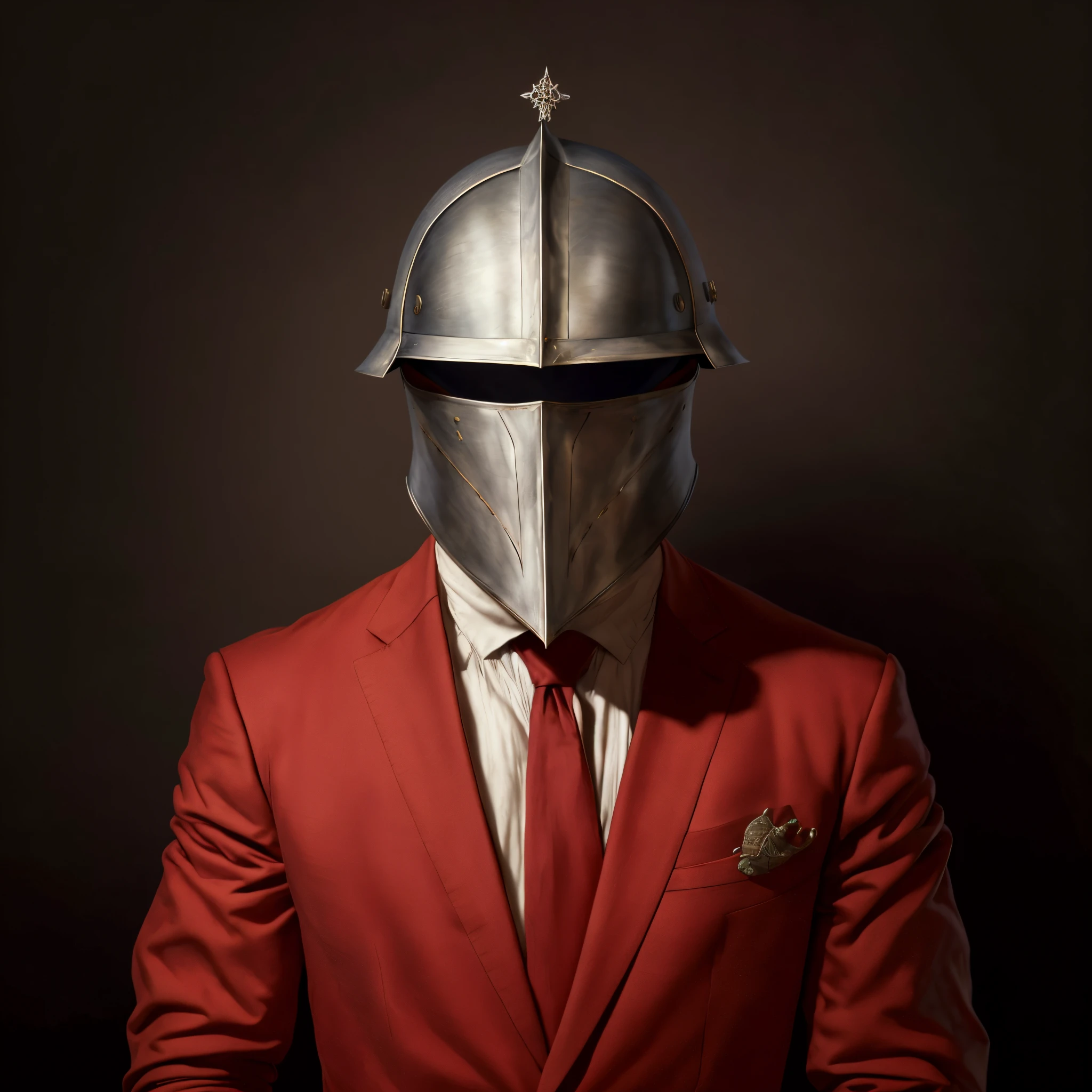 Na imagem, a man is standing, de frente para o espectador. Ele veste um terno elegante na cor vermelha, contrastando com a gravata da mesma tonalidade sobre a camisa branca. The suit is well cut and fits perfectly to the body, demonstrating elegance and style.
Entretanto, Este homem&#39;the face is not visible, as it is covered by an impressive medieval helmet. O capacete, feito em metal polido, Features intricate details and a visor that hides your facial features, mantendo sua identidade escondida.
The firm posture and the combination of the red costume and medieval helmet create an enigmatic atmosphere., conveying a sense of mystery and authority.