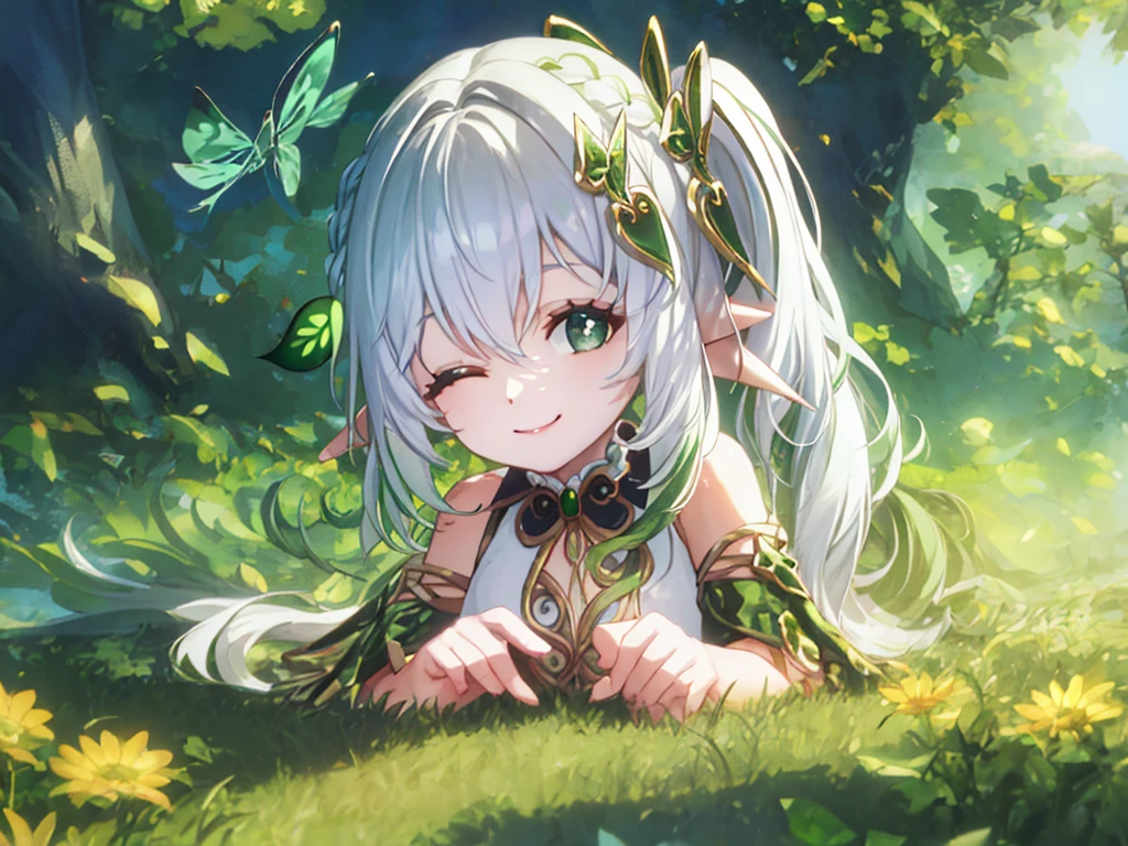 sunbathing, flat chest,8 years old, lying down, outside, smiling, sunny, bright sunlight, grass, pointy ears, hair ornament, white hair, green hairstreak, side ponytail, masterpiece, best quality