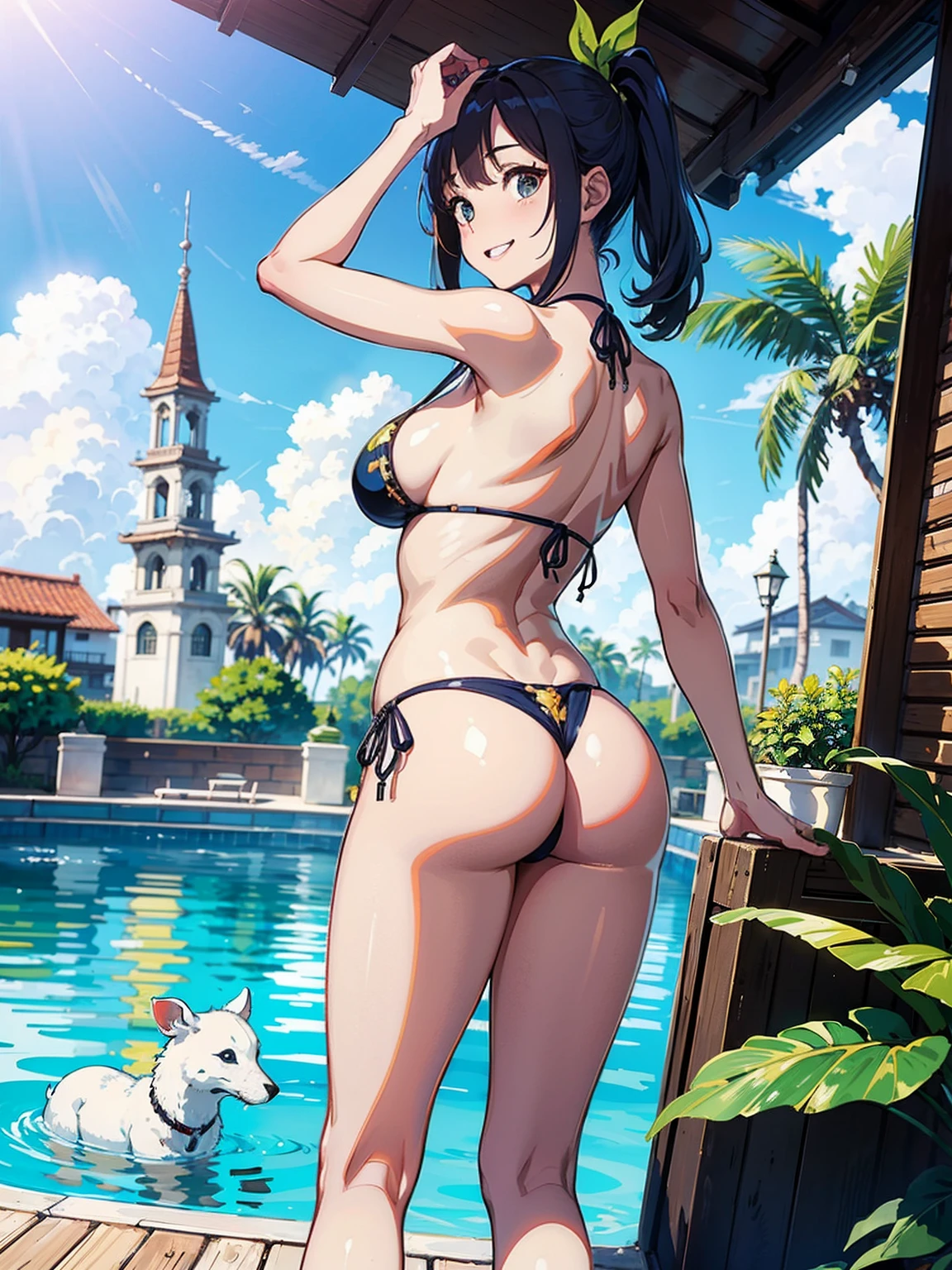obra prima、ultra-qualidade、ultra-detalhada、desenho perfeito、sozinho、 com、poneyCauda、(((bikini white)))、(round and large buttocks)、((Pose with buttocks out))、(((topo de busto protuberante)))、(seios amplos:1.5)、Suando、(pele escura:1.3)、(sorriso bonito)、25 anos、Ao ar livre、sky-blue、nuvens cumulonimbus、sol brilhante、hotel resort、tropical、Resort Piscina、(Tiro na diagonal abaixo das costas)、fundos bonitos、desenho preciso、desenho detalhado、senso de alta classe、open sky、funcional