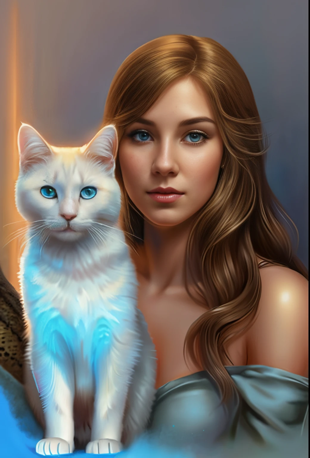 Detailed description of the girl ;portraite of a (anatomically correct physique) with a white cat (anatomically correct physique), sitting on a soft fluffy carpet, girl with blue wide eyes and a beautiful mole on her cheekbone., large eyes with heavy lids, long duck nose, thin lip shape "Classic", Mole on the right cheek on the cheekbone, shoulder length golden hair, high forehead,    in the room by the fireplace Magnificent digital painting, beautiful digital painting, beautiful fantasy art portrait, beautiful digital artwork, Stunning digital painting, beautiful fantasy portrait, fantasy art portrait, beautiful character painting, in the art style of bowater, beautiful digital illustration, fantasy portrait art, stunning digital illustration, beautiful digital art, realistic cute girl painting