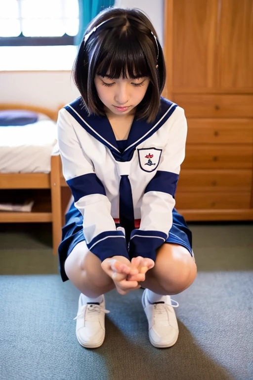 Japanese student uniform、a sailor suit、a 、crouching down、((I can see panties))、((a bed))、Fallen、room at night、short-hair、