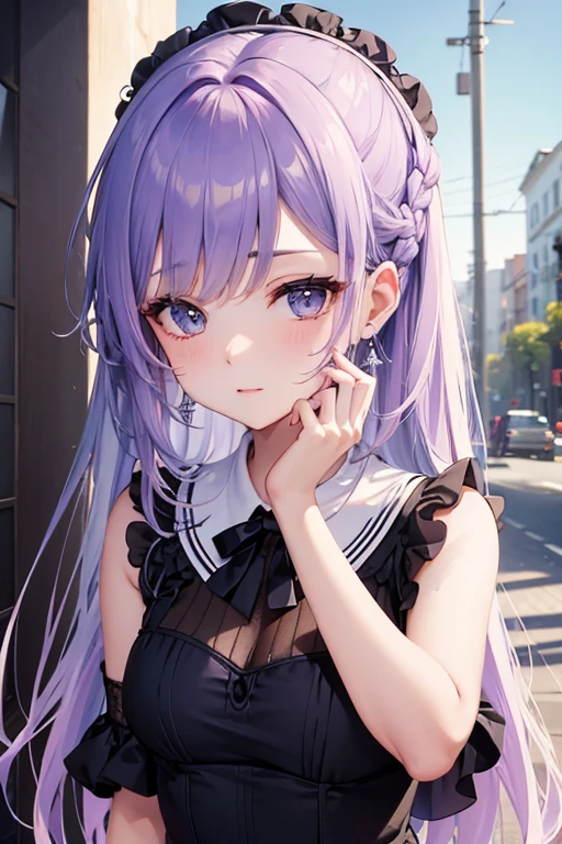 Obra maestra, La mejor calidad, ultra-high-resolution,Mapeo de fotones,Mejor sombra,retrato,Detalle de belleza,Detalle ultra alto,long purple hair,single braid,flequillo contundente,senos grandes,Ciudad,barrio chino,centro,see through, vestido corto, Corte bajo:2, adorno para el cabello, Pendientes, collar, retrato, vestido plateado:2, Mirando al espectador,solamente,Luz profesional, Piel detallada,