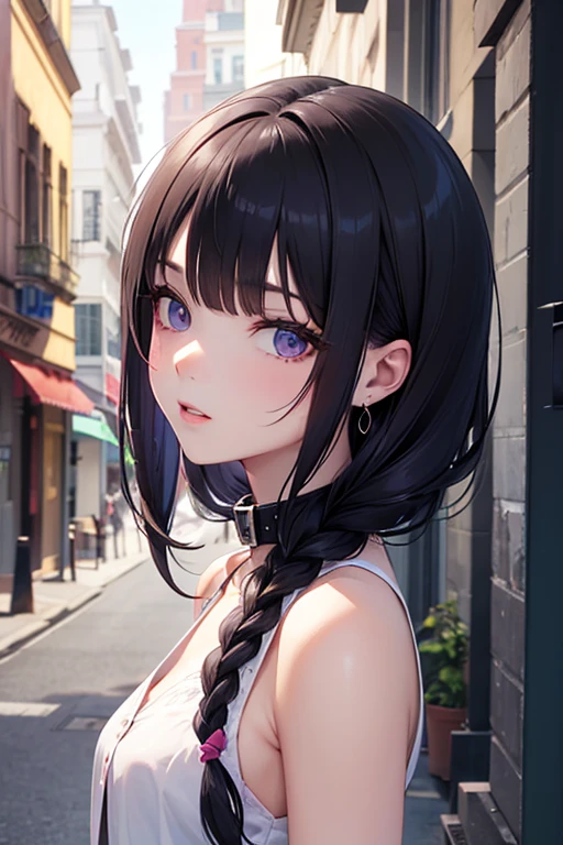 Obra maestra, La mejor calidad, ultra-high-resolution,Mapeo de fotones,Mejor sombra,retrato,Detalle de belleza,Detalle ultra alto,long purple hair,single braid,flequillo contundente,senos grandes,Ciudad,barrio chino,centro,see through, vestido corto, Corte bajo:2, adorno para el cabello, Pendientes, collar, retrato, vestido plateado:2, Mirando al espectador,solamente,Luz profesional, Piel detallada,