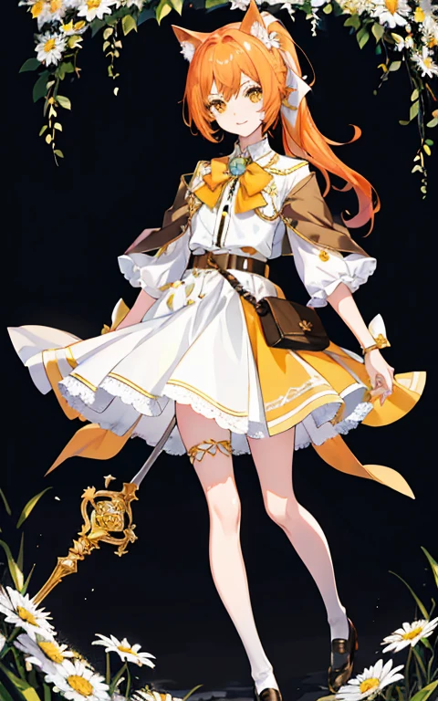 (tmasterpiece:1.4,Best quality))++,(hyper-detailing)+,(Best quality,hyper-detailing,vibrant with colors,rich colourful,dynamic angle,hight contrast:1.2),A teenage girl,Height 146cm,archetype:catss,short,With golden cat ears and cat tail,High double ponytail ,Hair color:golden colored, eyecolor:golden colored ,Small white daisies((symbol)),Small dress+shawl+Small leather shoes,Knee-length short white stockings,short sleeve skirt,The shawl should be longer than the skirt(like a cloak),The overall color is:white colors,mint green,orange colors,gold and orange ,A fanny pack hanging from the belt around the waist,The main accessories are:Pale or white daisies and golden bellells and ribbon bows must be tied to the ponytail,Golden bells(Accessories)The weapon is a staff, To draw a playful and cute character,freshen,delicated face,exquisite facial featurerom below:0.5), Fashionab, with dynamism, garments, posing on a, frontage, rich colourful, dyna, Background with, element in, self-assured, Expressing the, statement, fittings, A majestic, coil, Runt, Scenes, Cover of a, boldness, attention-grabbing, Fashionab, typeface, Catchy, attention-grabbinodern day, Fashionab, focal, Fashionab