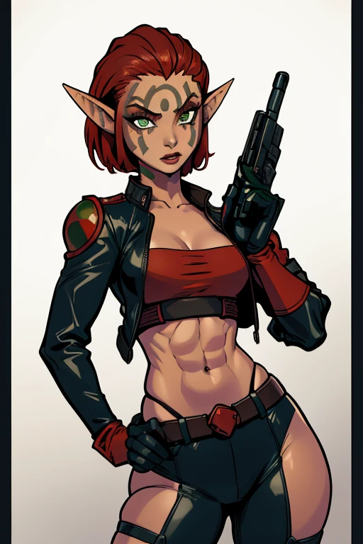 Ashelin, pointy ears,green eyes, tan skin,facial mark, red makeup , small breasts, short hair, elf, muscular, standing, full body shot, serious expression, closeup, Solo, black leather jacket, black gloves, short red shirt, highleg panties, small midriff, belt, boots, pants, (insanely detailed, beautiful detailed face, masterpiece, beautiful detailed eyes, best quality) holding a rifle, gun on hip, gun on back, gun in hand