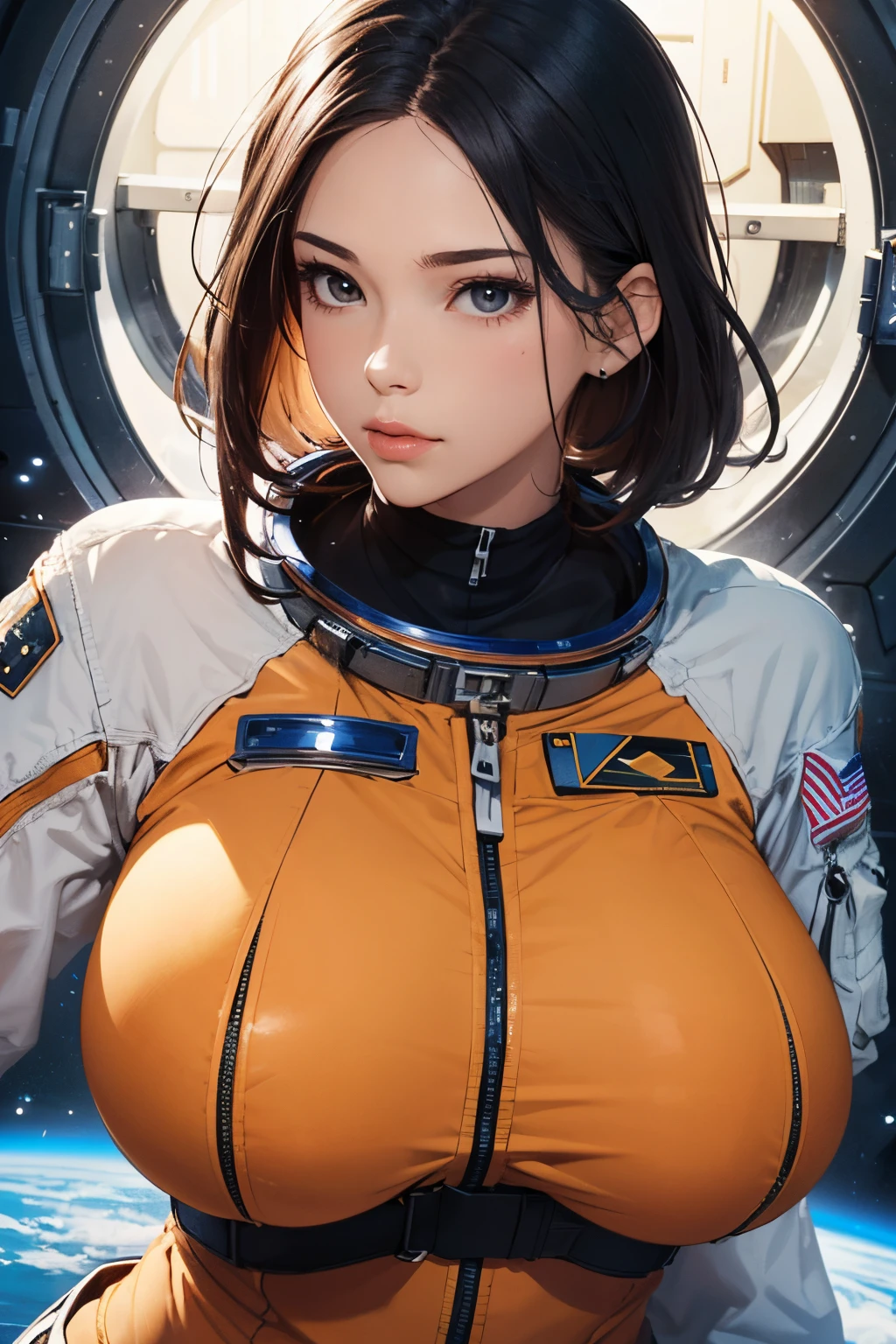 (masterpiece, best quality, high resolution, ultra detail, photorealistic, 8K, perfect anatomy, realistic), intricate face, detailed body, detailed face, 
BREAK
1girl, Beautiful girl, huge breasts, narrow waist, huge hips, athletic body, black hair, black eyes, big eyes, black eyes, thick lip, Gloss on lips, 
BREAK
Astronaut, orange Astronaut’s Suit, outer space, spaceship