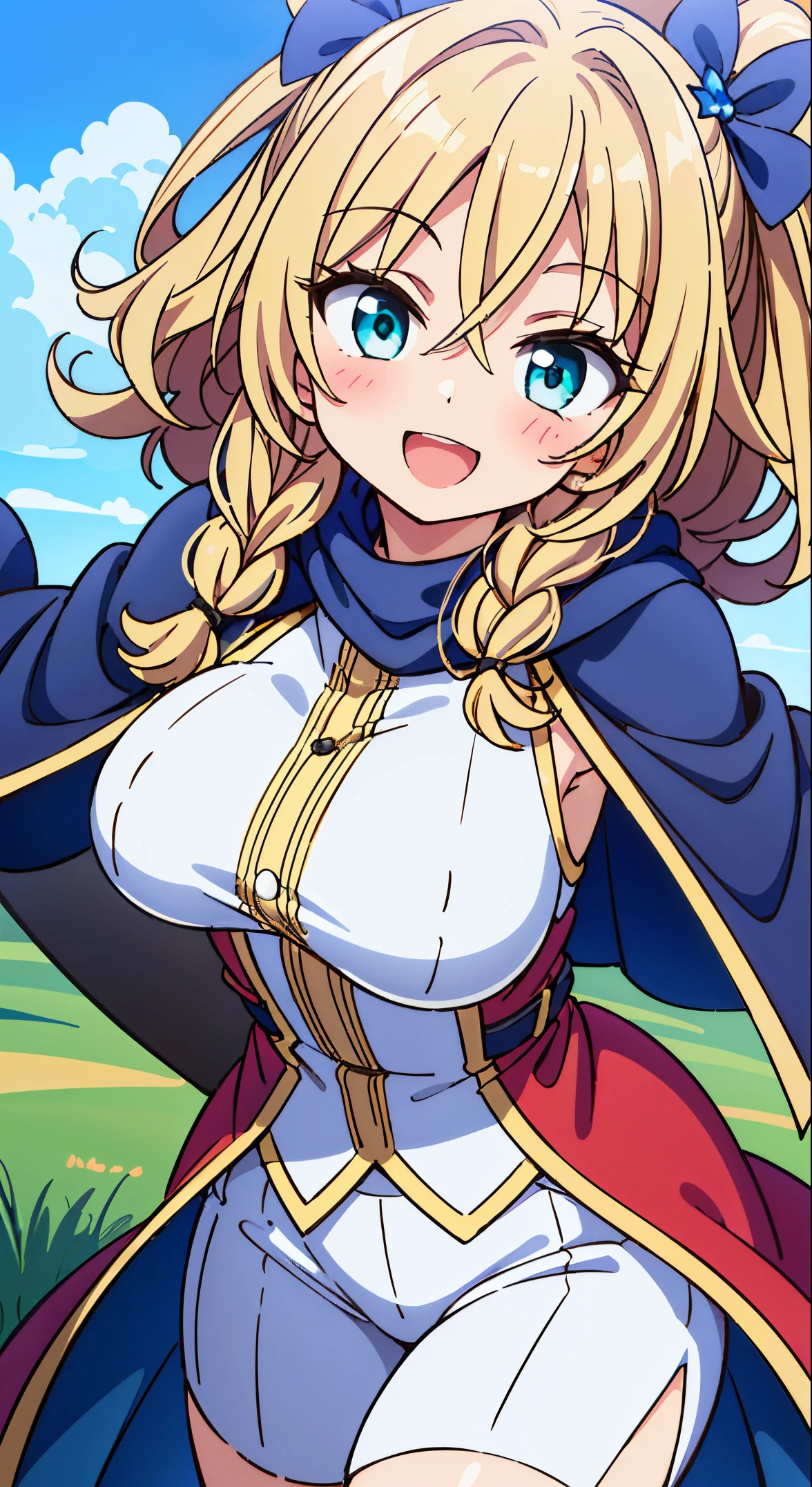 (masutepiece, Best Quality, Perfect Anatomy, High quality:1.4), nice hand, Perfect hands, Detailed beautiful hands, Large_filesize, fulcolor, hight resolution, symmetric, exceptional, Best aesthetic, newest, Anime, very beautiful detailed body,The hair,faces,The eye,
BREAK,
1 beautiful girl, girl with, (Cute:1.5),(Chibi:0.5),(kawaii:2.0),(Lori:2.0),( girl),(large full breasts:1.65),(Ahoge,Twin braids,Blonde hair, blue bow, Green eyes,eyebrows visible through hair,side locks,Parted bangs,Long hair, Hair Flower, Hair Ornament, Big ribbon in the hair, Curly hair,Bow:1.4),:el,White feathers, one white winged, Angel wings,Spread wings, Glowing wings),pitt \(Kid Icarus\),gleaming skin, Clear skin, shining beautiful skin, Open mouth,Smile, Solo, tusk, Upper teeth,(long eyelashes, Double eyelids:1.2),Solo,gleaming skin, Clear skin, Beautiful skin,(best quality face),(Top quality glowing eyes),(The best smile,Doya face:1.45), BREAK,Equestrian Chic Wool Cape Look,
Stylish wool cape coat with equestrian details,
Cable-knit riding turtleneck, jodhpurs,
Knee-high riding boots, leather gloves,
Riding helmet with ear covers, wool scarf,
BREAK Sitting, M-shaped legs,
Outdoors, day,(Athletic:1.55) ,Blue sky, cumulonimbus clouds, Sunlight, Flowers, garden, forest, Soto, Trees, Wind, Windy, Nature, tussock, (camping:1.4),depth of fields,
BREAK,wakame,wakame,wakame,(Dynamic Poses, Dynamic Angle, close-up, Cowboy Shot, Cowboy Shot:1.4),
BREAK,(Blurry background:1.3),(absurderes, hight resolution, Super Detail Art),cel shading,Clear Color, Lonely optical effect, Beautiful pictures, Bright glow, mystic atmosphere,(Close-up of girl:1.1), Mystical light particle effect,manga influence, clean line drawings,
nice hand, Perfect hands,