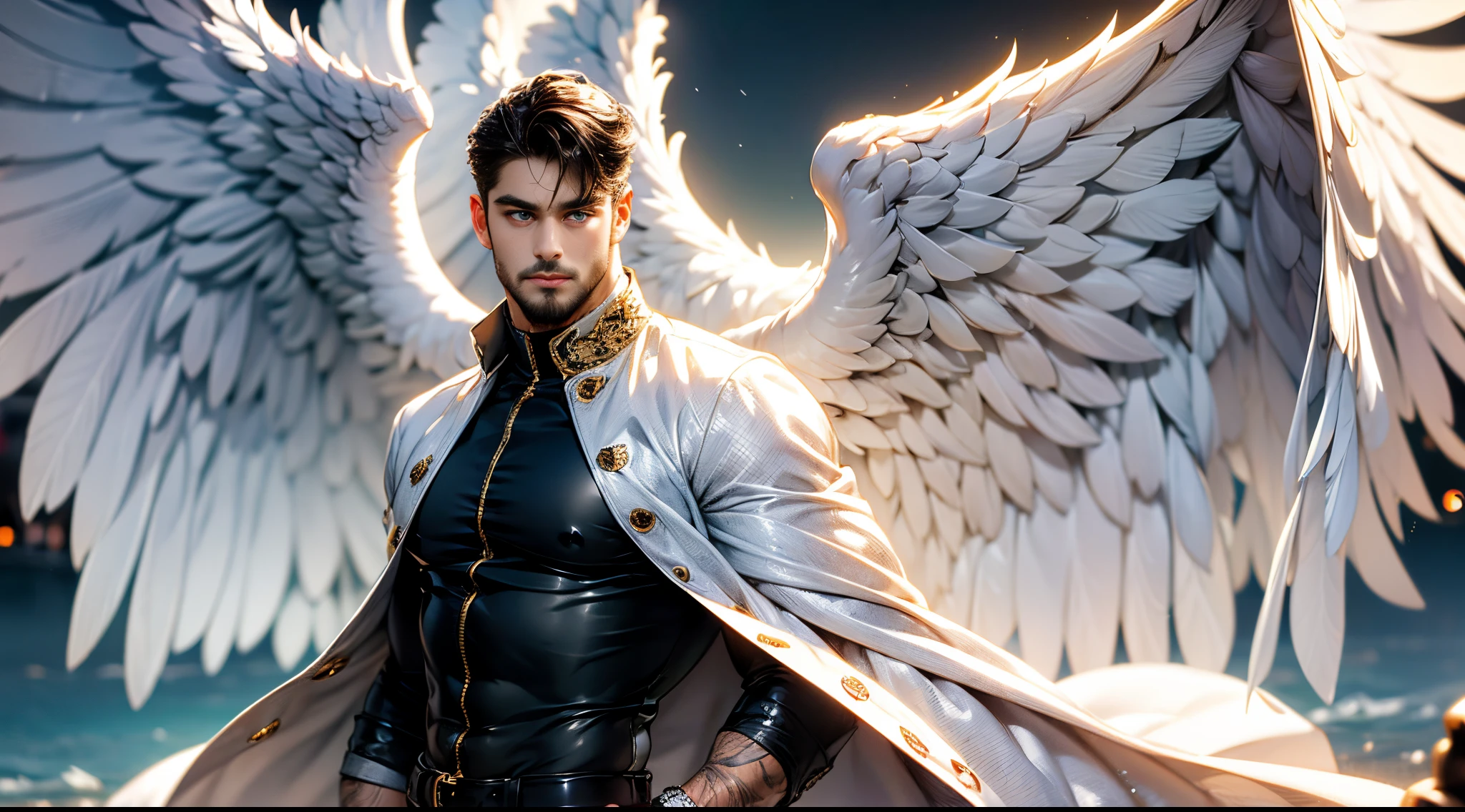 (best quality,ultra-detailed,realistic:1.37), Daegan Tronos Character(1), handsome, dark skin, dark-tanned, perfect wings angel, symmetrical wings,blue eyes,small beard, medium-long haircut,casual outfit, urban italian clothing, trench coat, man stance, attractive,vibrant colors, modern long outfit, fight punch pose, epic wallpaper.