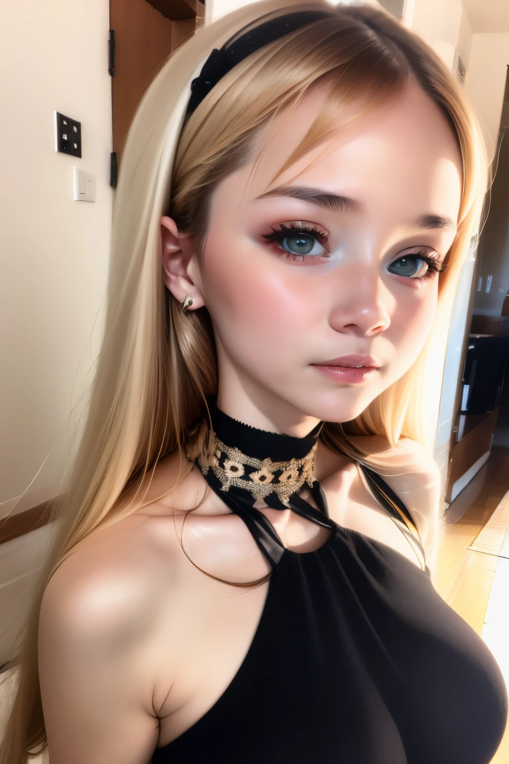 one girls:1.5、Cute baby face、14age、parfect anatomy、Red Eye Shadow、red lipsticks、slightly pink cheeks、de pele branca、Black Dress、Eight-headed body、small tits、Unique hairstyle、a choker、top-quality、ultra-detailliert、High quality detailing、portlate、masuter piece