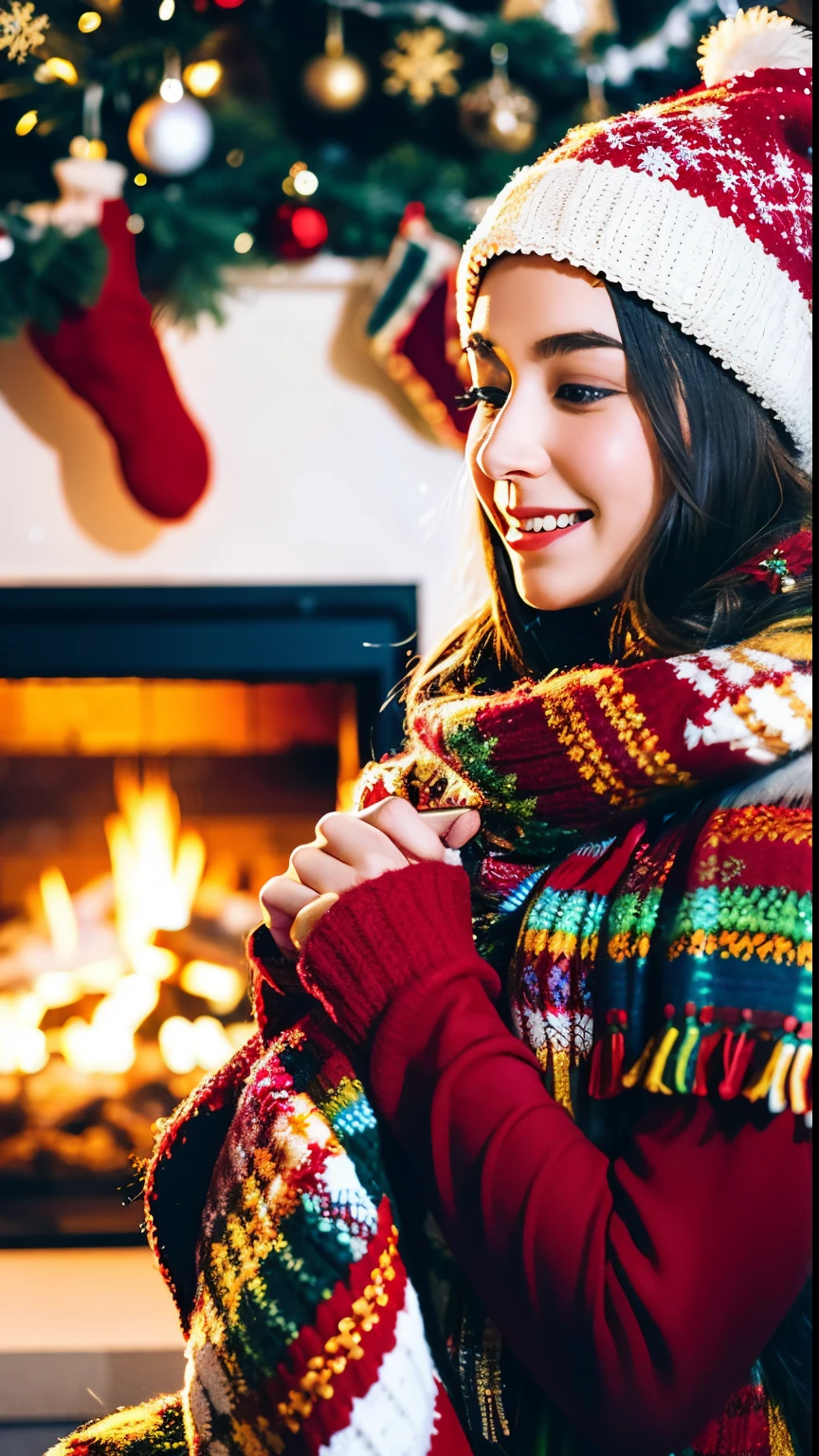 (best quality,4k,8k,highres,masterpiece:1.2), ultra-detailed, (realistic,photorealistic,photo-realistic:1.37), winter landscape, girl standing in front of a beautifully decorated Christmas tree, snowing softly, cozy atmosphere, warm indoor lighting, joyful and festive mood, sparkling ornaments, shimmering tinsel, delicate snowflakes, enchanting winter wonderland, snow-covered ground, snowflakes gently falling on the girl's hair and shoulders, magical ambience, joyful anticipation, red and gold color scheme, soft and warm glow, cozy winter clothing, hat and scarf, mistletoe hanging above, stockings hanging by the fireplace, presents under the tree, holiday spirit, peaceful and serene scene, dreamy and ethereal, magical moments with loved ones.
