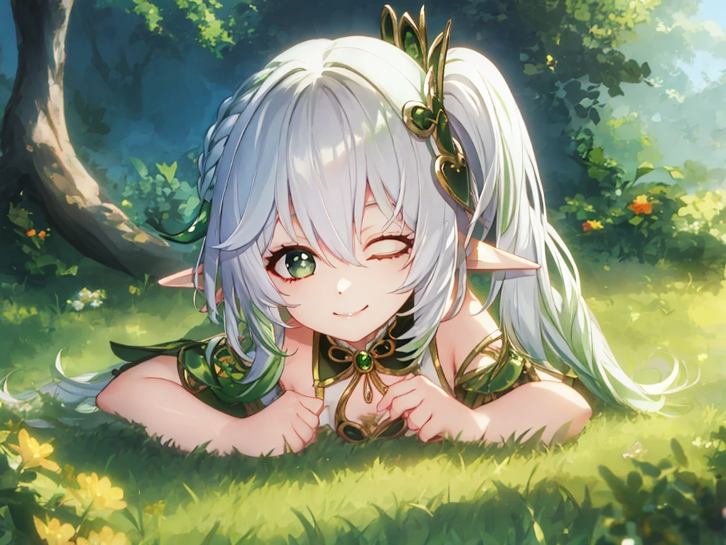 sunbathing, flat chest, 8 years old, lying down, outside, smiling, sunny, bright sunlight, grass, pointy ears, hair ornament, white hair, green hairstreak, side ponytail, masterpiece, best quality