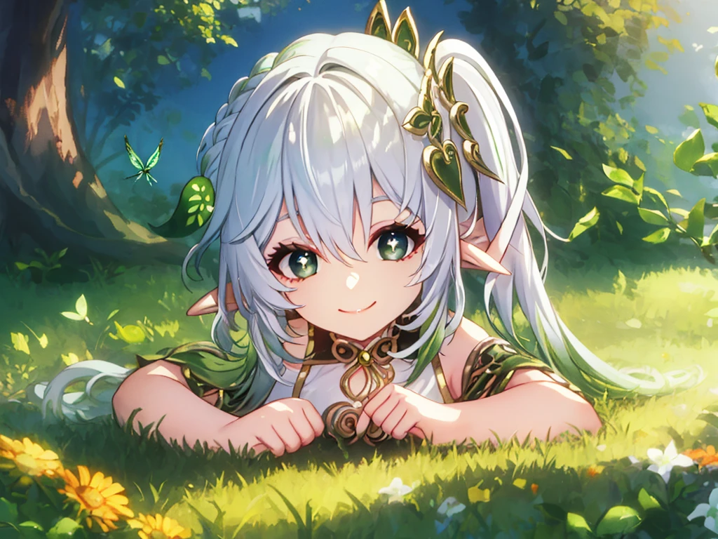 sunbathing, flat chest, 8 years old, lying down, outside, smiling, sunny, bright sunlight, grass, pointy ears, hair ornament, white hair, green hairstreak, side ponytail, masterpiece, best quality