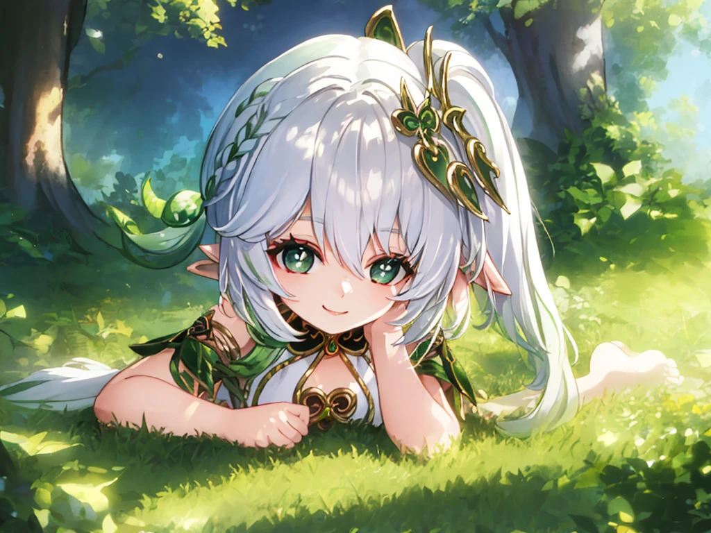 sunbathing, flat chest, , lying down, outside, smiling, sunny, bright sunlight, grass, pointy ears, hair ornament, white hair, green hairstreak, side ponytail, masterpiece, best quality
