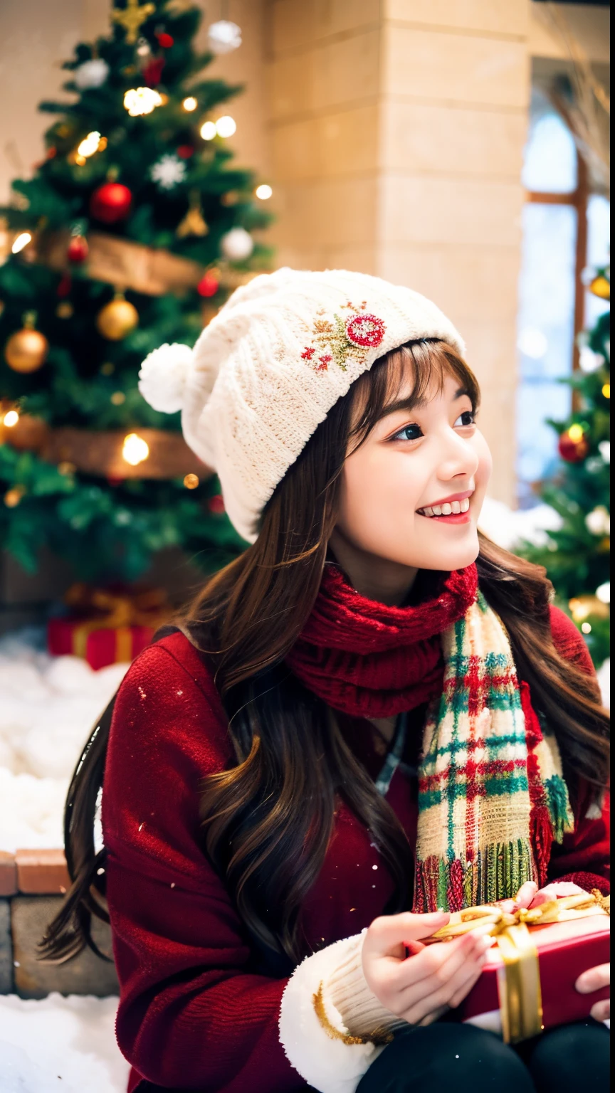 (best quality,4k,8k,highres,masterpiece:1.2), ultra-detailed, (realistic,photorealistic,photo-realistic:1.37), winter landscape, girl standing in front of a beautifully decorated Christmas tree, snowing softly, cozy atmosphere, warm indoor lighting, joyful and festive mood, sparkling ornaments, shimmering tinsel, delicate snowflakes, enchanting winter wonderland, snow-covered ground, snowflakes gently falling on the girl's hair and shoulders, magical ambience, joyful anticipation, red and gold color scheme, soft and warm glow, cozy winter clothing, hat and scarf, mistletoe hanging above, stockings hanging by the fireplace, presents under the tree, holiday spirit, peaceful and serene scene, dreamy and ethereal, magical moments with loved ones.
