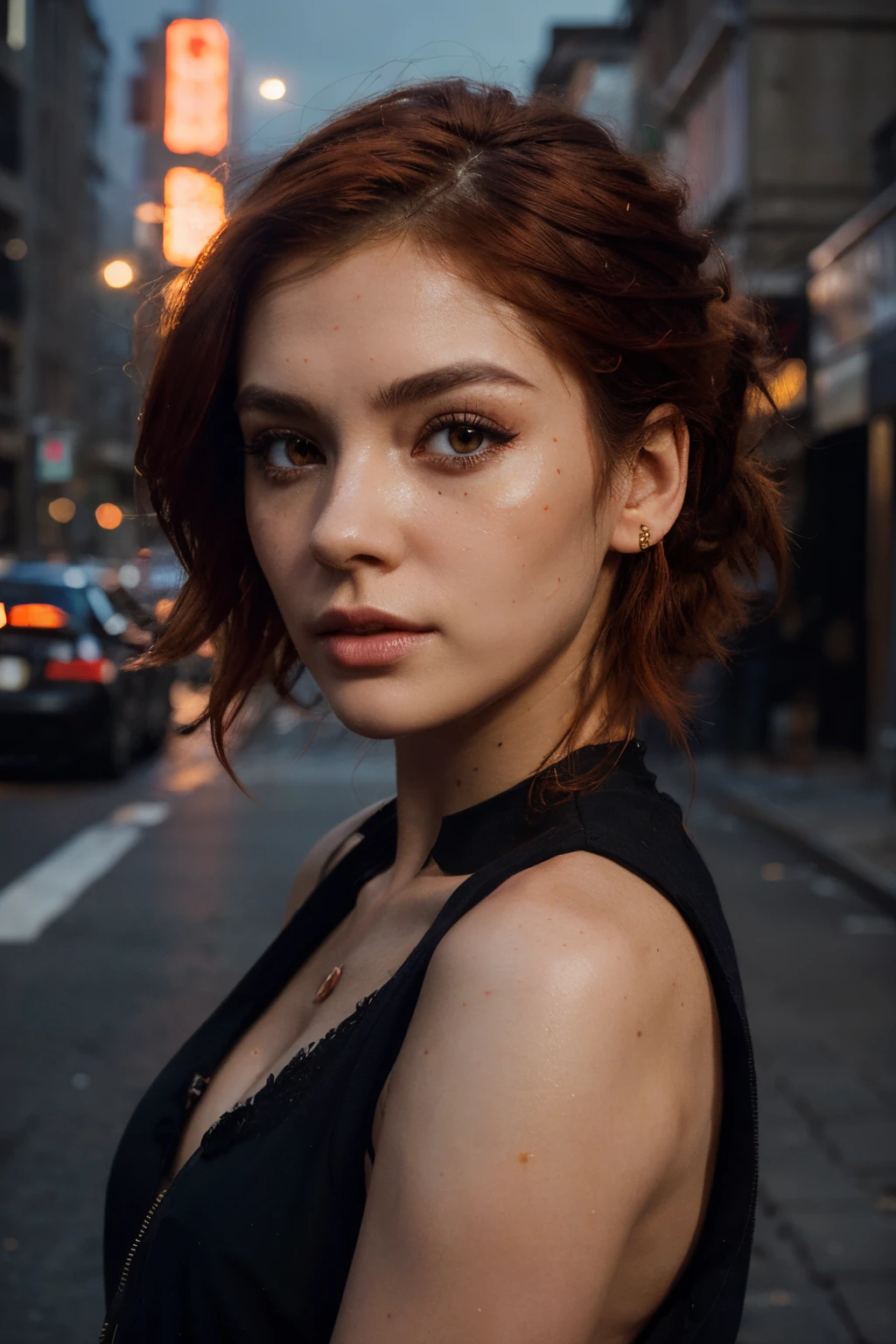beautiful girl, half body portrait, short bright red orange beatifuly disheveled hair, honey eyeshadow, (street style wear:1.2), (city background:1.2), dark makeup, digital art, trending on artstation, highly detailed, fine detail, intricate, beautiful detailed glow, detailed, Cinematic light, highres, detailed facial features,sharp focus, smooth, aesthetic, nude