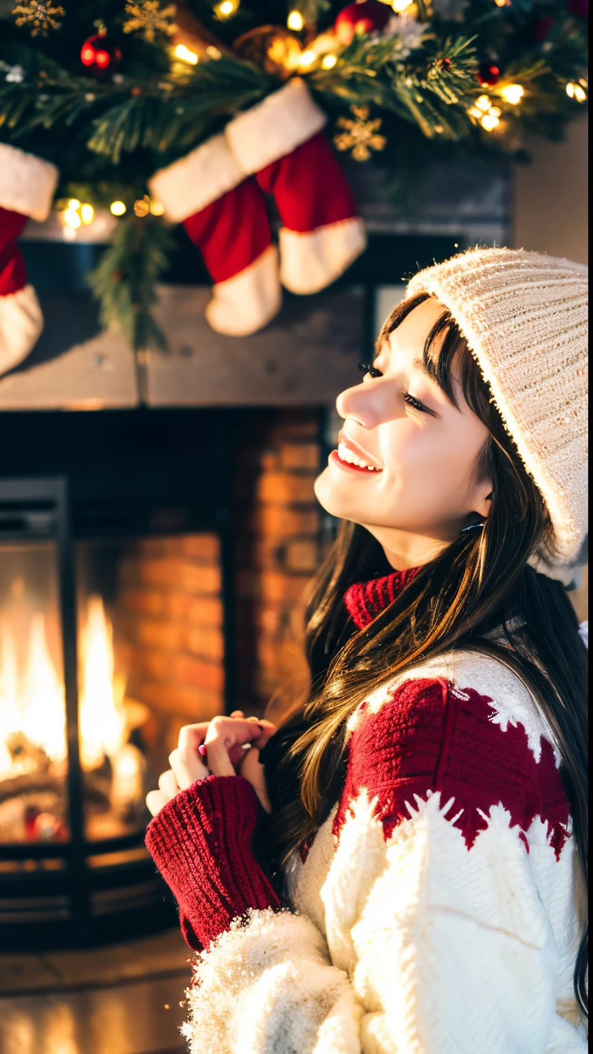 (best quality,4k,8k,highres,masterpiece:1.2), ultra-detailed, (realistic,photorealistic,photo-realistic:1.37), winter landscape, girl standing in front of a beautifully decorated Christmas tree, snowing softly, cozy atmosphere, warm indoor lighting, joyful and festive mood, sparkling ornaments, shimmering tinsel, delicate snowflakes, enchanting winter wonderland, snow-covered ground, snowflakes gently falling on the girl's hair and shoulders, magical ambience, joyful anticipation, red and gold color scheme, soft and warm glow, cozy winter clothing, hat and scarf, mistletoe hanging above, stockings hanging by the fireplace, presents under the tree, holiday spirit, peaceful and serene scene, dreamy and ethereal, magical moments with loved ones.