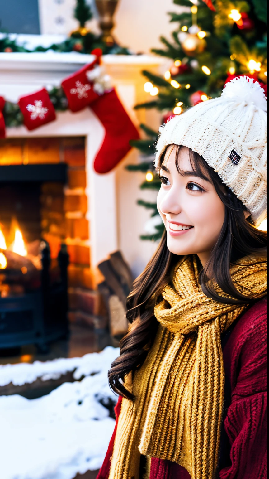 (best quality,4k,8k,highres,masterpiece:1.2), ultra-detailed, (realistic,photorealistic,photo-realistic:1.37), winter landscape, girl standing in front of a beautifully decorated Christmas tree, snowing softly, cozy atmosphere, warm indoor lighting, joyful and festive mood, sparkling ornaments, shimmering tinsel, delicate snowflakes, enchanting winter wonderland, snow-covered ground, snowflakes gently falling on the girl's hair and shoulders, magical ambience, joyful anticipation, red and gold color scheme, soft and warm glow, cozy winter clothing, hat and scarf, mistletoe hanging above, stockings hanging by the fireplace, presents under the tree, holiday spirit, peaceful and serene scene, dreamy and ethereal, magical moments with loved ones.