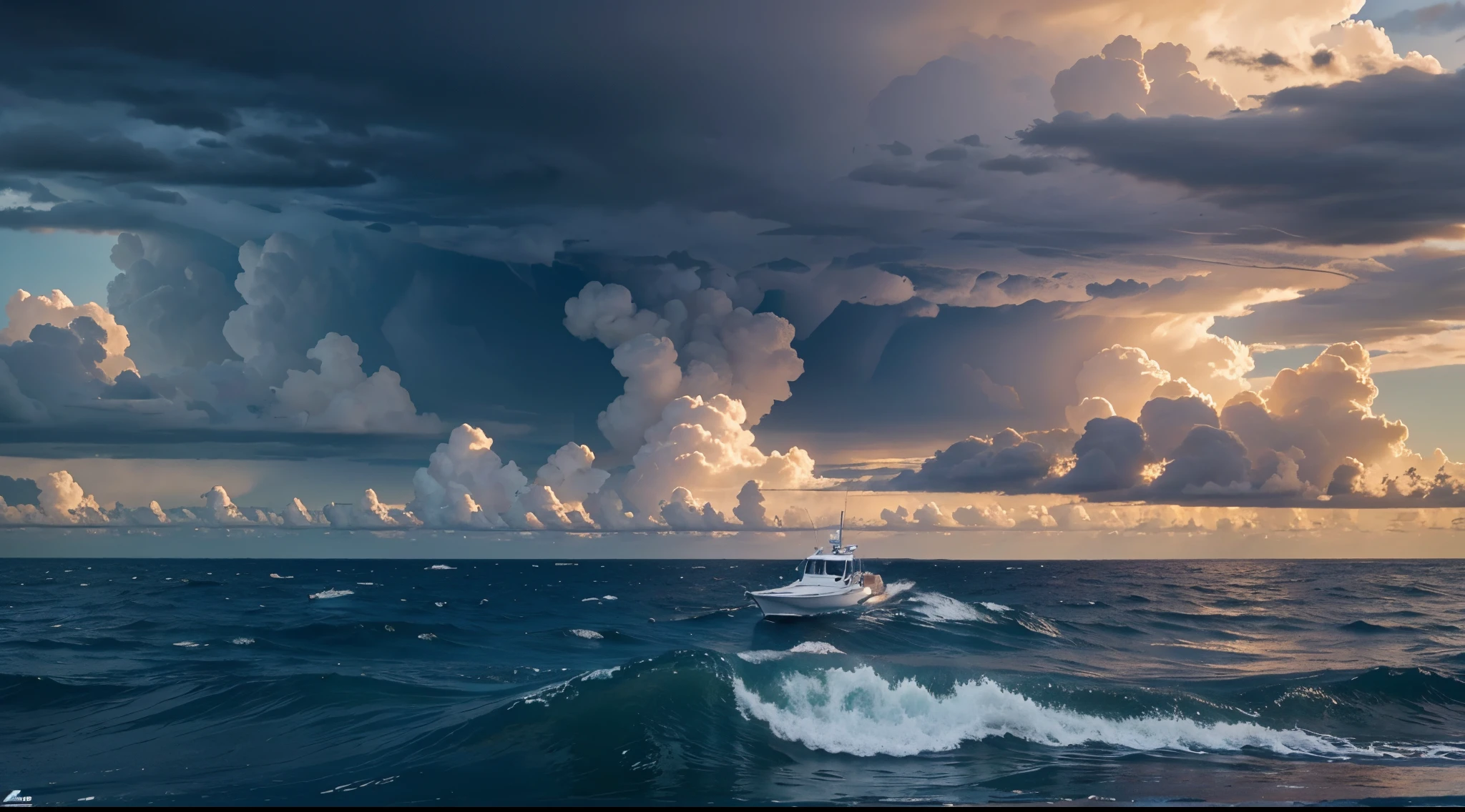 create an image of a small boat stuck in the ocean and caught under a storm. Hyper realistic