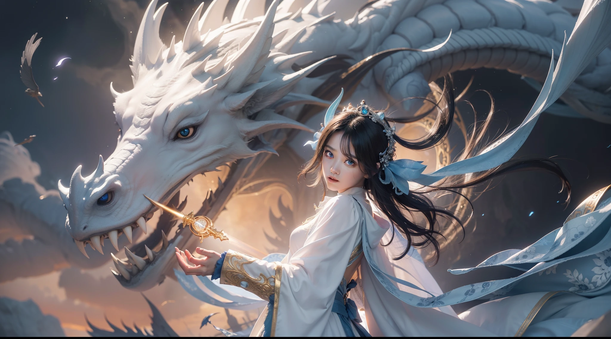 Above the rising clouds,Night, Dark, (Fantasy),infinite,deep blue sky,The abyss of knowledge,Cowledge,((masutepiece)), (((Best Quality))),((Beautiful fine eyes)),(Eye lashes)、Realistic clouds、Very beautiful face、The ultra -The high-definition、Beautiful girl flying in the sky with giant white dragon、(女の子1人)、Black hair、The long-haired、abyss eyes、glowy skin、oils、small tits、Perfect human body structure、Wizard robes、tattered cloth、Realistic coat、Teenchi、Super delicate CG Unity 32k wallpaper、photoRealstic、masterpiece, ((ultra-detailliert)), ((illustratio)),colourfull,wall-,The energy,Unknown terror,Incomprehensible,Around the magic,Magical surroundings,magic wands,Boken,Flying pages,Know everything,Predict the future、Get to know the past、Infinite wisdom、blue flames、Warlock、magic circles、Pentagram、sperantola、Singing magic