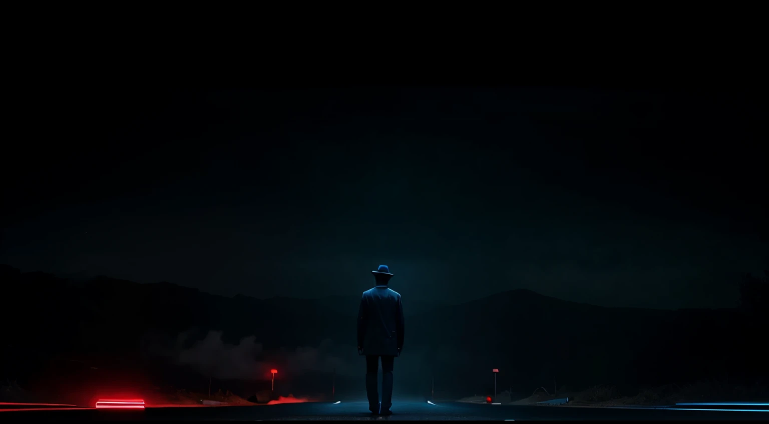 a man is at a crossroads , half the road is blue and half is red - Realistic image and cinematic light