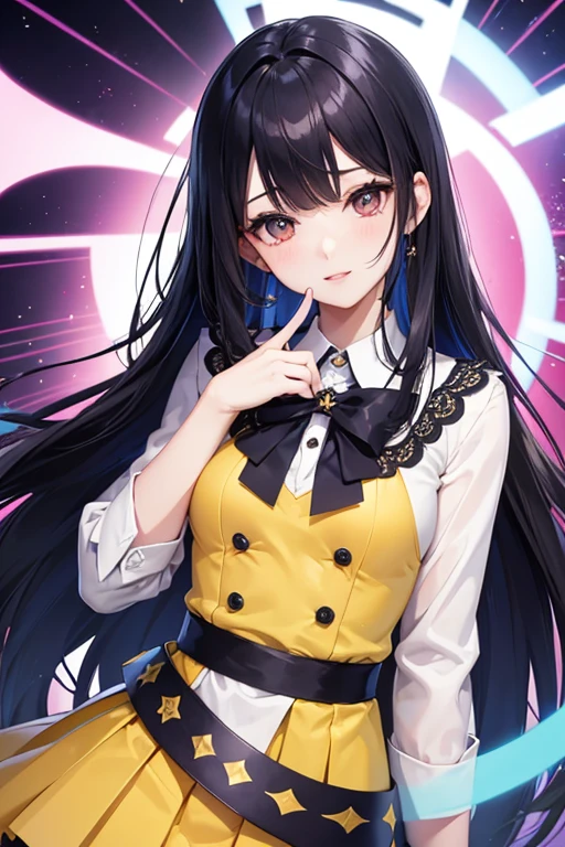 Hermosa mujer japonesa, Bonita cara perfecta con piel suave, Small face with pink nose and lips, Hermosos ojos, hermosa sonrisa. negro, Fine, long, beautiful hair bathed in a brilliant etheric sheen. Capa gris de resaltado degradado peinado medio suelto y esponjoso, Navy blue band collar shirt× yellow flared skirt houndstooth, Colorful bright neon background