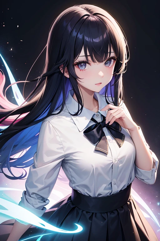 Hermosa mujer japonesa, Bonita cara perfecta con piel suave, Small face with pink nose and lips, Hermosos ojos, hermosa sonrisa. negro, Fine, long, beautiful hair bathed in a brilliant etheric sheen. Capa gris de resaltado degradado peinado medio suelto y esponjoso, Navy blue band collar shirt× yellow flared skirt houndstooth, Colorful bright neon background