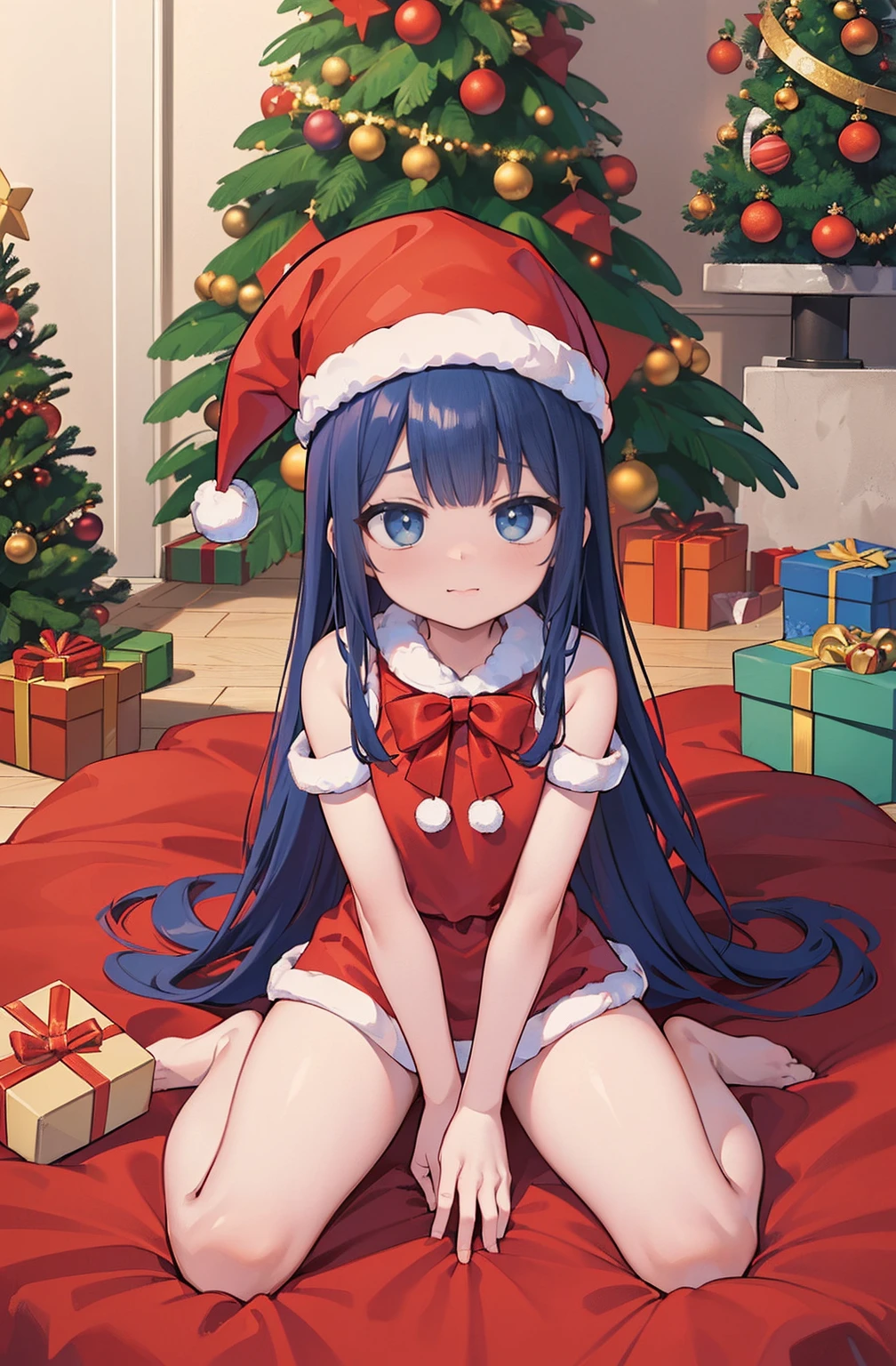 qualidade superior、Qualidade de imagem superior、obra prima、menina adolescente((Natal、santa hat、18 anos、 Idade、Melhor Busto、grande bast,Lindo apoio de olhos azul claro bem aberto, uma loira、Um esguio,Grandes vales、tingir as bochechas de vermelho、Refletindo todo o corpo、rir、sacolinha branca para presente de natal、Capa vermelha、shy face、embarrassed face、expansion,inclinando-se para a frente)),Hiqualidade、arte bonita、Antecedentes com((meu elegante quarto noturno、Vento de Natal、stove、red carpet on the floor、lareira、Christmas tree、cama vermelha、Kotatsu、presente de Natal)))、masutepiece、profundidade de campos,