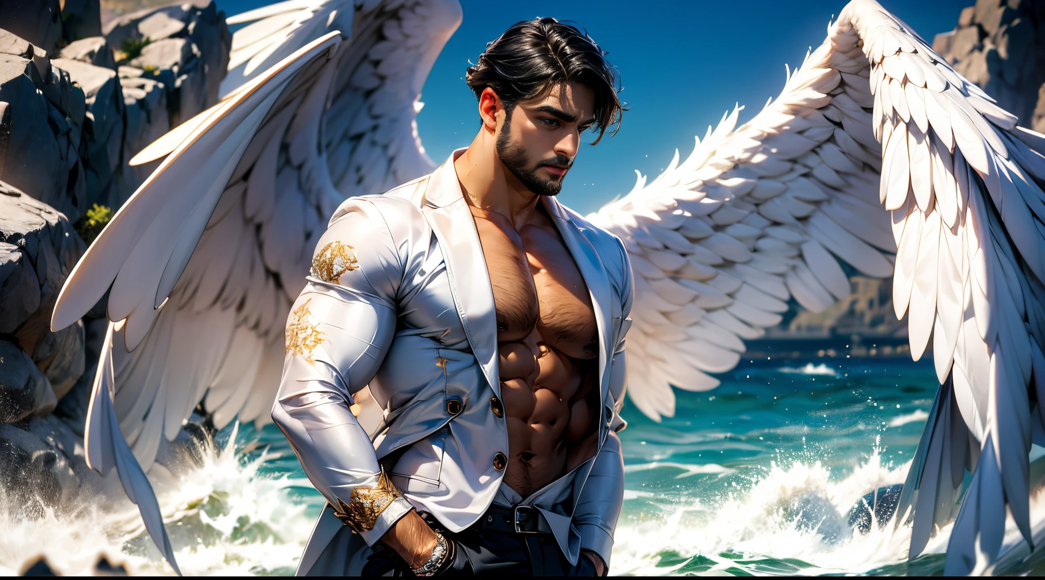 (best quality,ultra-detailed,realistic:1.37), Daegan Tronos Character(1), handsome, dark skin, dark-tanned, perfect wings angel, symmetrical wings,blue eyes,small beard, medium-long haircut,casual outfit, urban italian clothing, trench coat, man stance, attractive,vibrant colors, modern long outfit, fight punch pose, epic wallpaper.