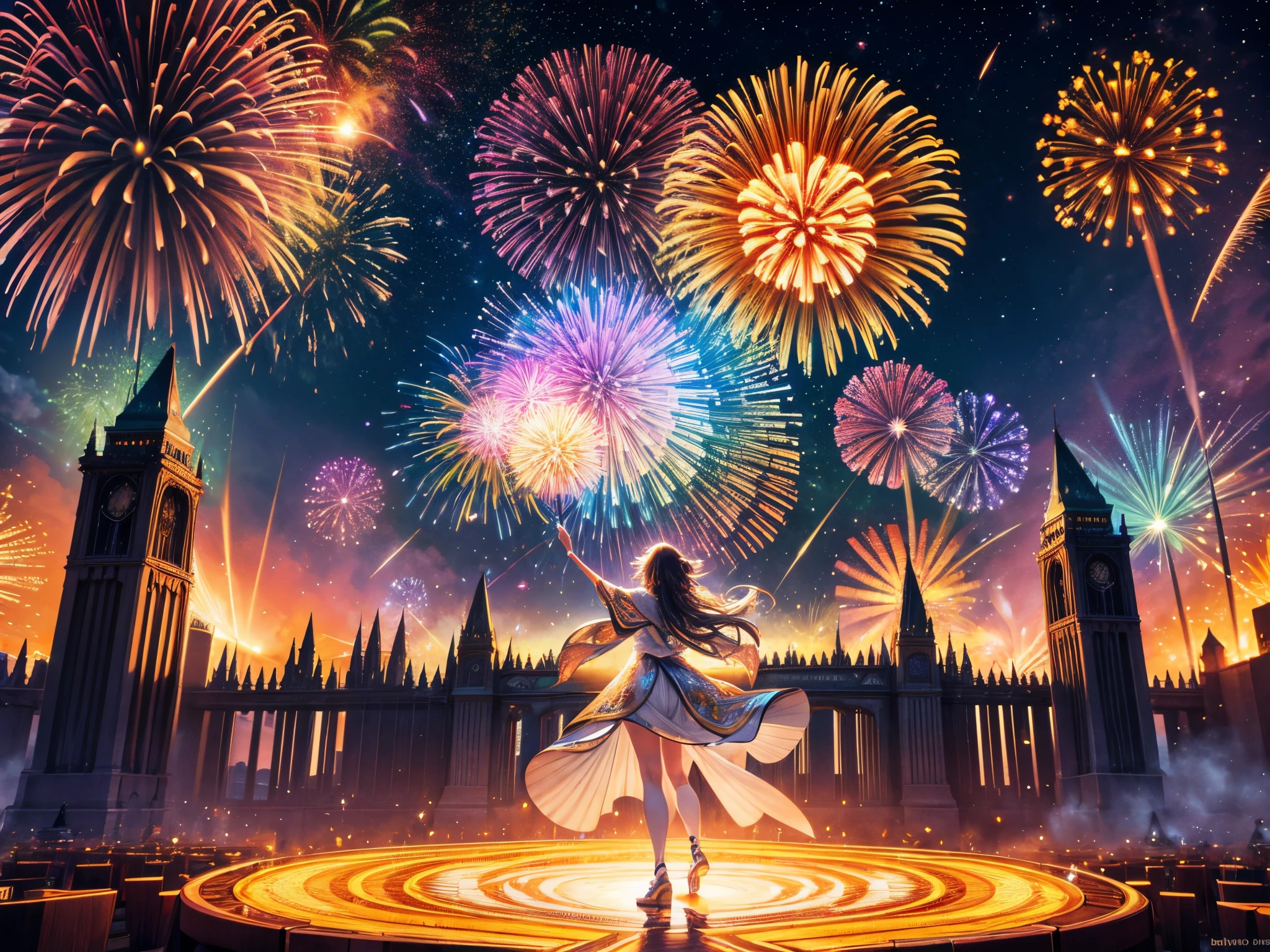 Envelop the scene in an aura of fractal energy as a colossal time capsule explodes into a kaleidoscope of 3D fireworks, revealing moments from the past year.