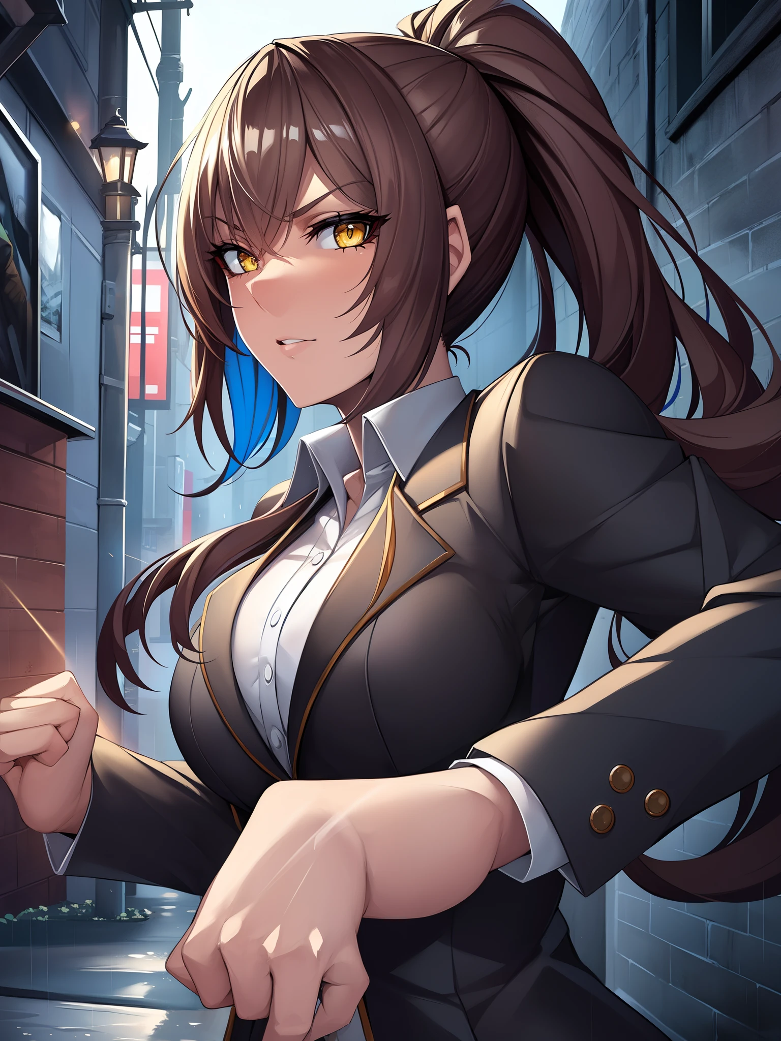 highres, highest quality, illustration,  ultra detailed, (detailed face), (detailed eyes), cinematic lighting, best quality, hyper detailed, masterpiece,1girl, solo, brown hair, long hair, ponytail, yellow eyes, blazer, tired, dirty, muddy, blood, luminous eyes, medium breasts, light rays, (colorful), upper body, looking at viewer, looking serious, alleyway, grey sky, rainy, bent, fighting stance, hands forward, holding fist, ready to fight