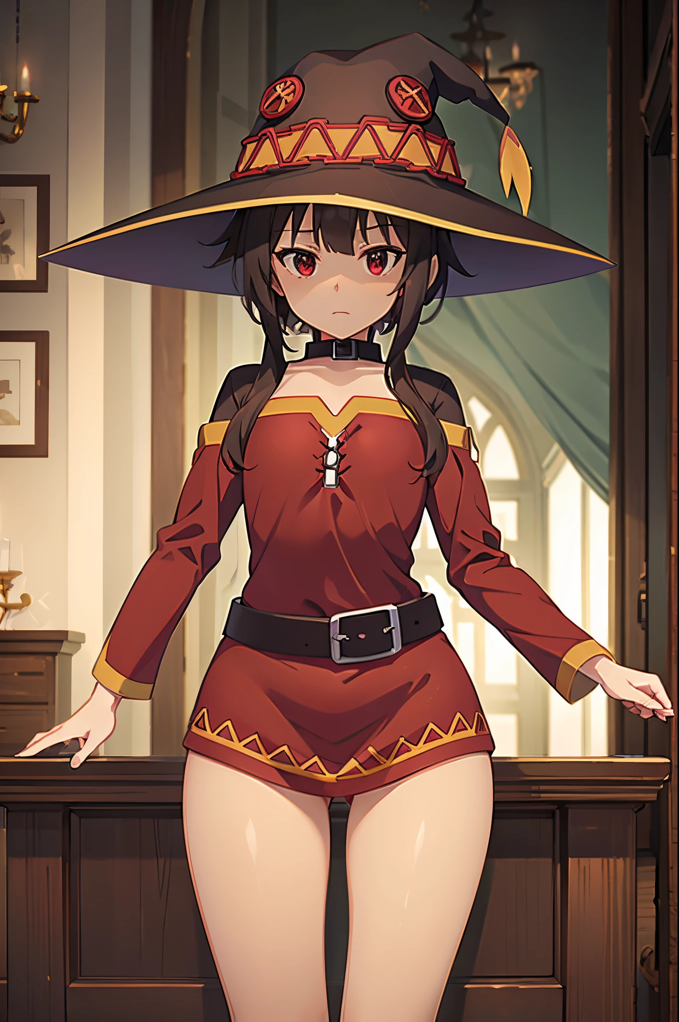 (masterpiece, best quality), intricate details, 1girl, ,red eyes,megumin, short hair, dress, red dress, hat, witch hat, belt indoors,((((wide hips))))