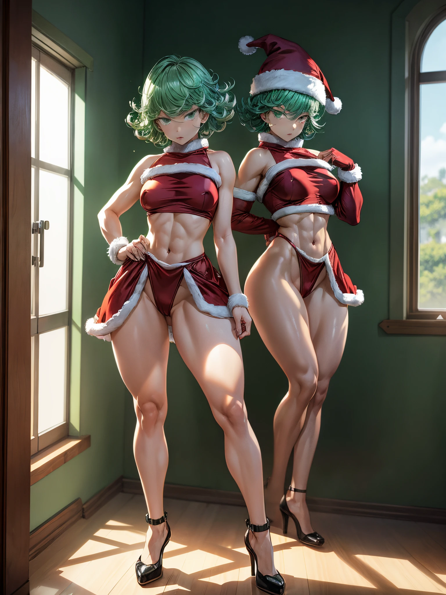 (((1 girl))), (Tatsumaki of a punch man), (short green hair), (green eyes), small chest, (((wearing sexy Santa Claus outfit))), (whole body view), (in the motel room), (((slender, muscular legs))), thin waist, stomach muscles, big ass, (((full body photo))), black high heel shoes, (standing with one eye closed and showing the tongue very sensual), (((very sensual expression))), (HDR), eye reflection, extended eyes, extended eyes, Moody, anime, minimalism, anime style, ray tracing, Cinematic lighting, Cinematic lighting, shine, shine, JPEG artifacts, bright light, god rays, ray tracing, drop shadow, panorama, Sony FE, from behind, Underneath, Underneath, UHD, piece of master, precise, precise, anatomically correct, Super Detail, high quality , best quality , very high, 16k