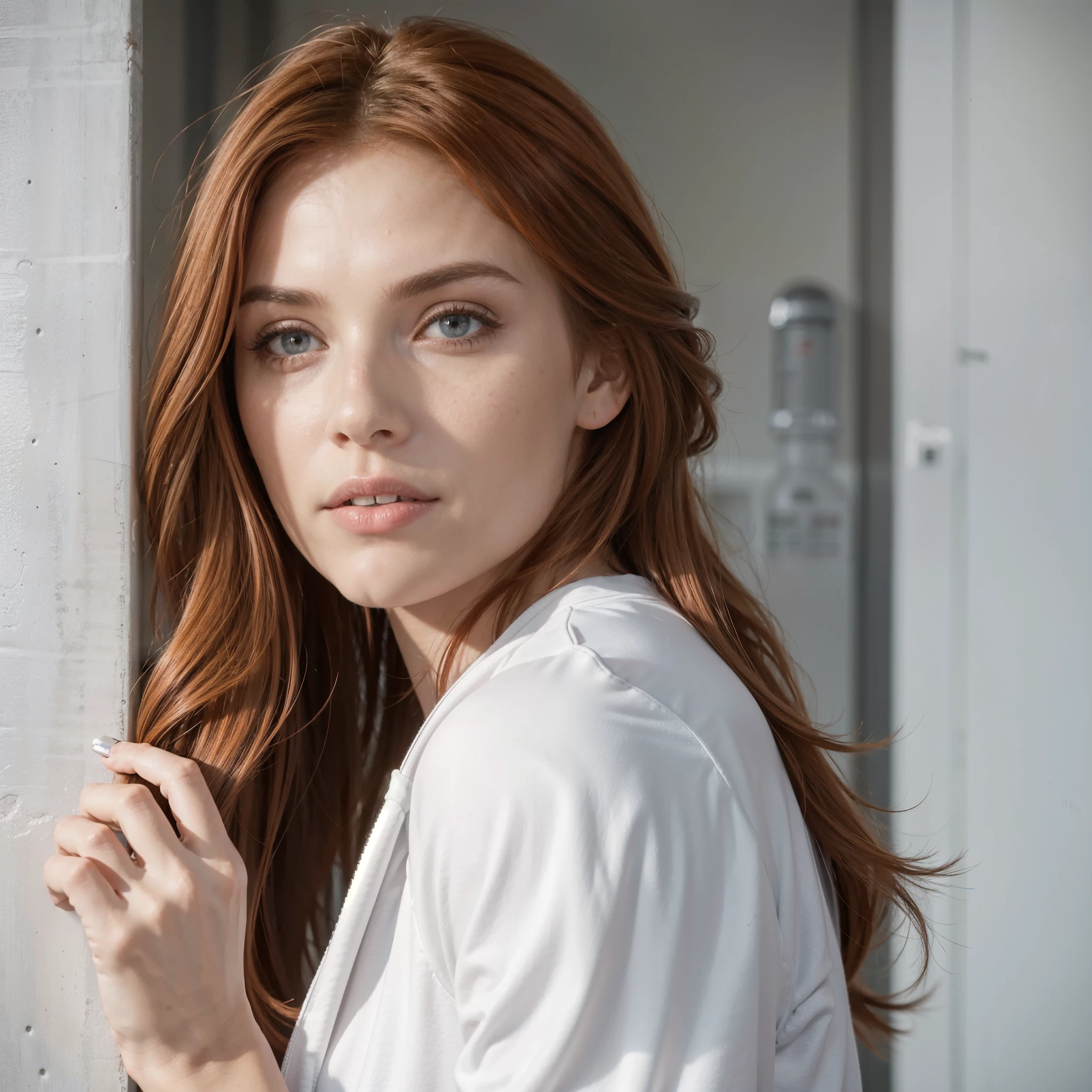 a front view portrait beautiful redhead woman model in front view, in gym clothes in a gym with a stainless steel bottle,masterpiece, high quality 8k