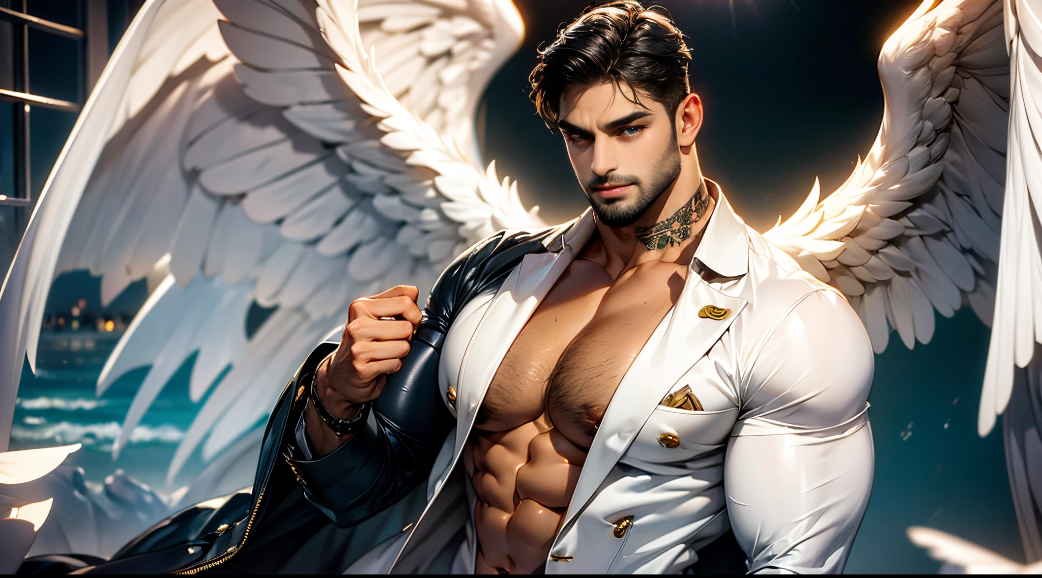 (best quality,ultra-detailed,realistic:1.37), Daegan Tronos Character(1), handsome, dark skin, dark-tanned, perfect wings angel, symmetrical wings,blue eyes,small beard, medium-long haircut,casual outfit, urban italian clothing, trench coat, man stance, attractive,vibrant colors, modern long outfit, fight punch pose, epic wallpaper.