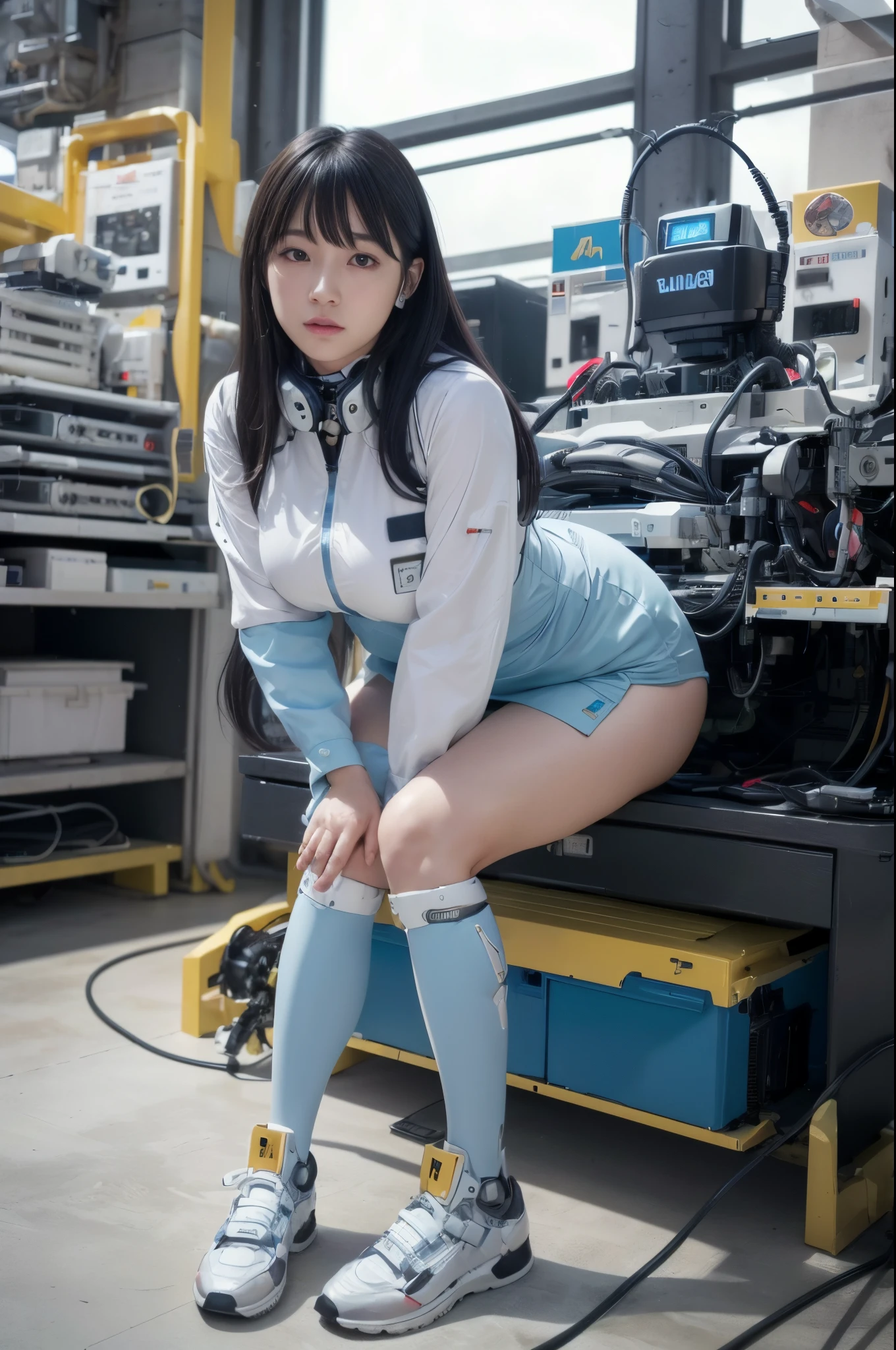 (Photorealistic:1.4), (Raw photo)masutepiece, Best Quality, Extremely detailed, (Photorealistic:1.4), (8K, 4K, Best Quality, hight resolution, 超A high resolution:1.1), 8K Portrait,1girl in, Japanese android gid,Plump , announcer,control panels,android,Droid,Mechanical Hand, ,Robot arms and legs, Black hair,Mechanical body,Blunt bangs,White Robotics Parts,perfect robot woman,Charging spot,Long Tube,A thick cable was connected to his neck.,ceramic body ,Mechanical body, mechanical ear covers,android,robot humanoid,a bit  Chubby,pantiy,complete eyes,Perfect machine body,White robot body,The laboratory of the future,android factory,mechanical ear covers,White and light blue uniform,light blue accent costume,