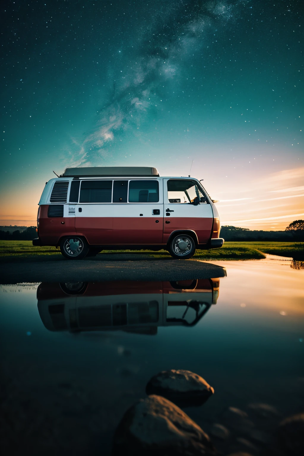 Campervan with a beautiful landscape, high resolution, highly detailed, Reflections Landscape photography, inspired by Photographer Mikko Lagerstedt Creative & Emotional Landscape Photography