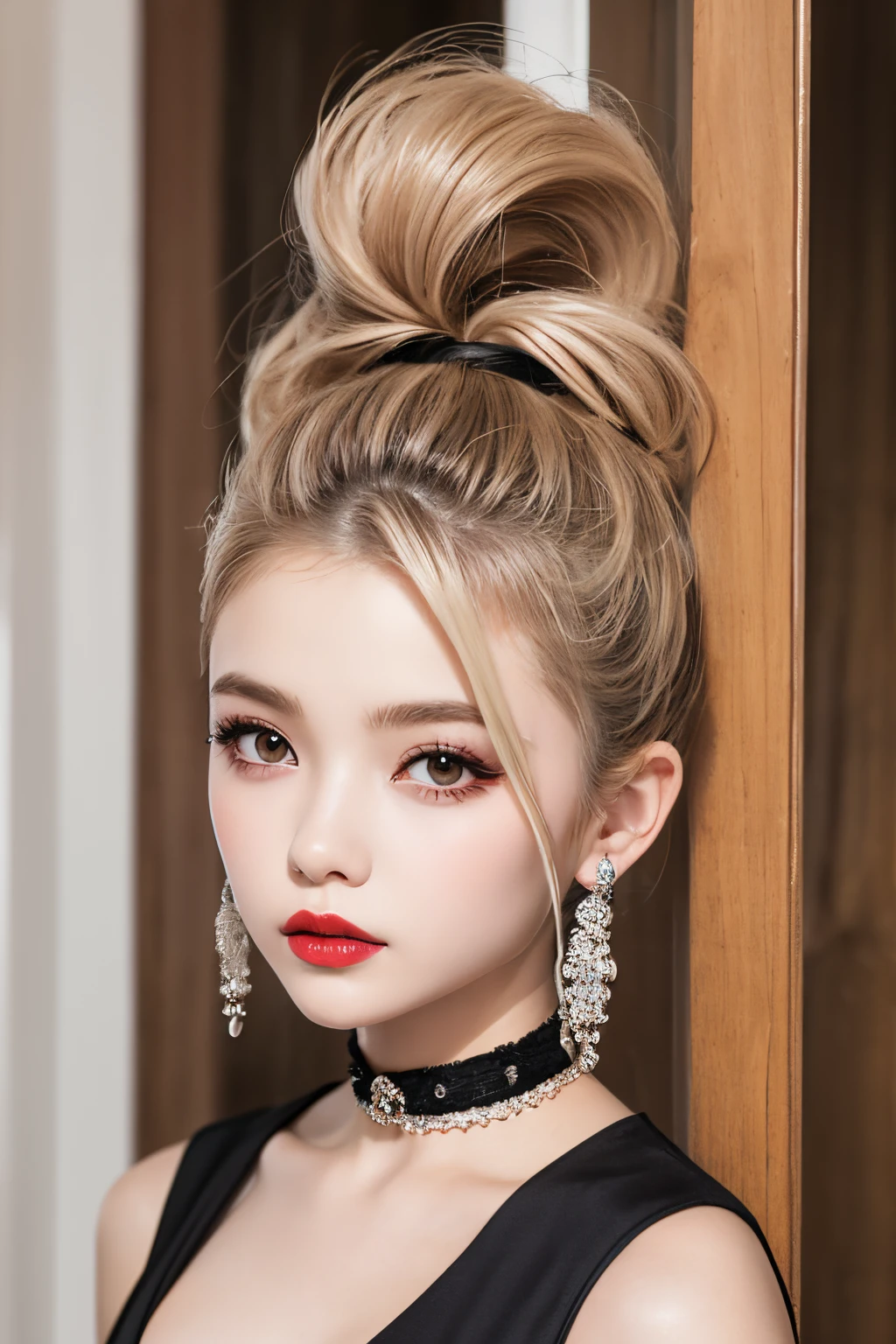 one girls:1.5、Cute baby face、１４age、parfect ???????、Red Eye Shadow、red lipsticks、slightly pink cheeks、de pele branca、ash blonde、Black Dress、Eight-headed body、small tits、Unique hairstyle、a choker、top-quality、ultra-detailliert、High quality detailing、portlate、masuter piece