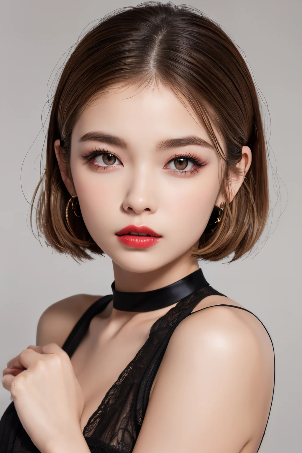 one girls:1.5、Cute 、14age、parfect anatomy、Red Eye Shadow、red lipsticks、slightly pink cheeks、de pele branca、ash blonde、Black Dress、Eight-headed body、small tits、Unique hairstyle、a choker、top-quality、ultra-detailliert、High quality detailing、portlate、masuter piece