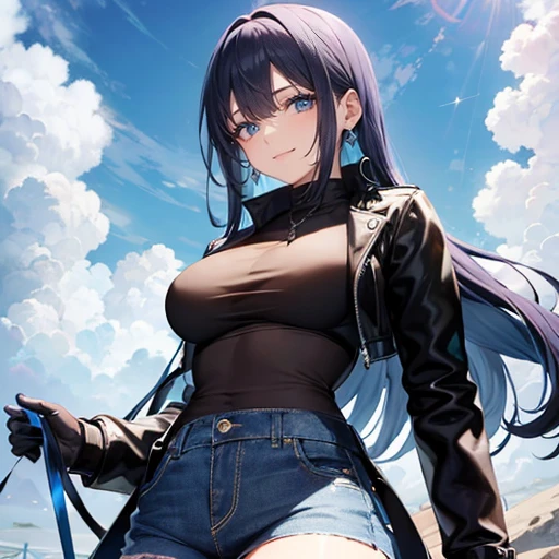 1 girl, longos cabelos brancos prateados com azul safira no final de cada mecha, olhos azuis de safira, alto, gorgeous, Beautiful, peituda, coxas grossas, seios grandes, maduro, colina nevada, clear blue sky, vestindo uma jaqueta azul de inverno com capuz fofo, jeans preto, Olhando para o Viewer, sorrindo calorosamente, clothes are not revealing