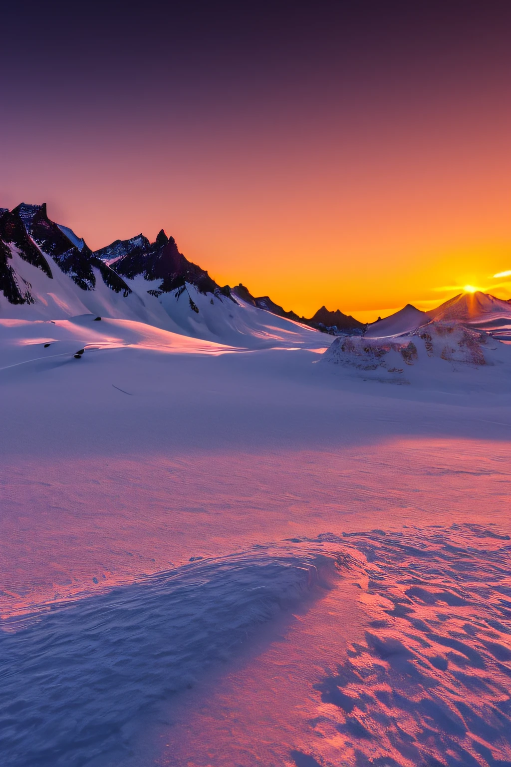 vestrahorn mountain, middle of the night, big round moon, snow, red sunlight,