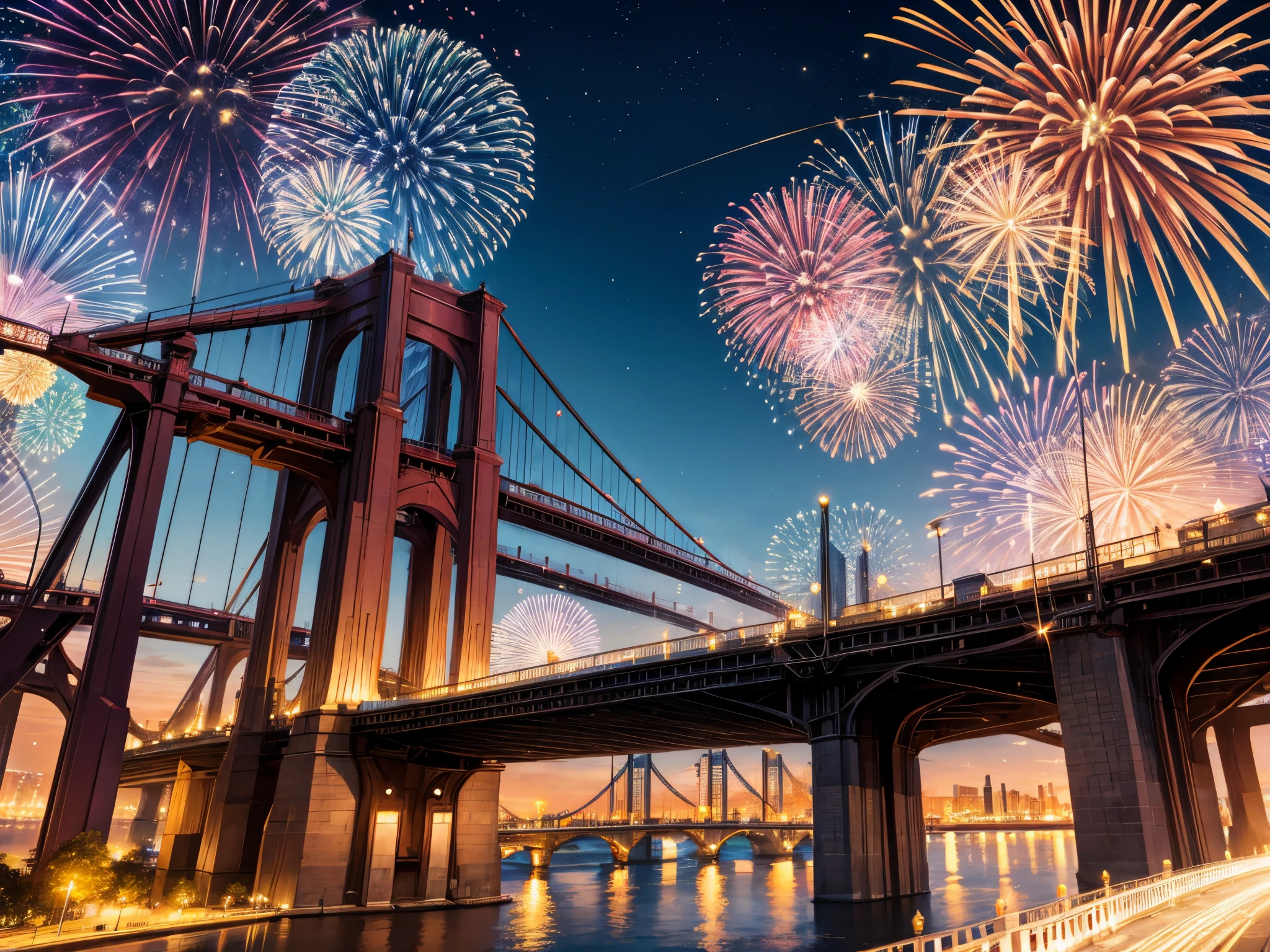 Envision a cityscape with bridges adorned in patriotic lights and fractal fireworks bursting overhead, creating a dynamic and interconnected celebration. enormous tits