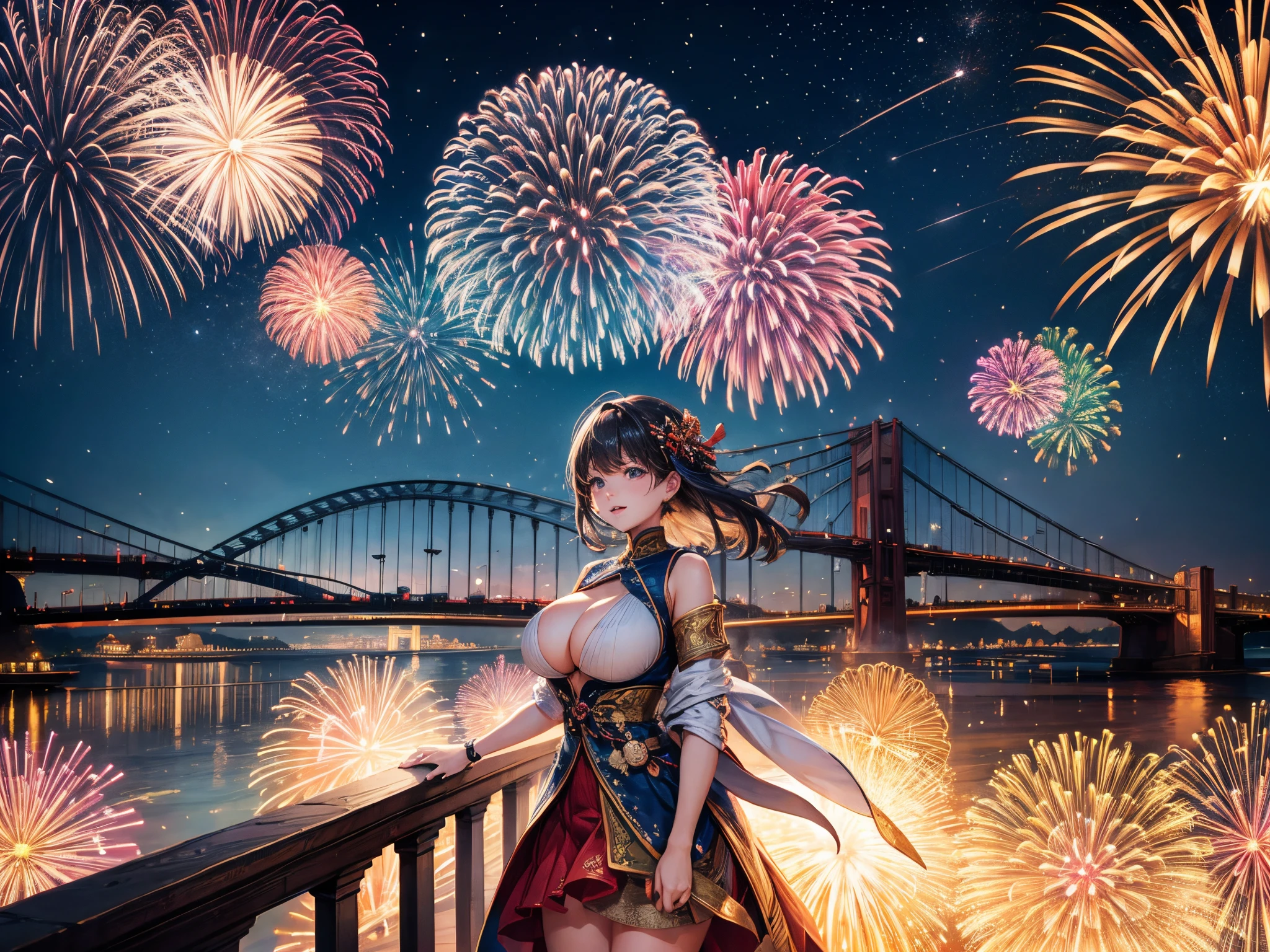 Envision a cityscape with bridges adorned in patriotic lights and fractal fireworks bursting overhead, creating a dynamic and interconnected celebration. enormous tits