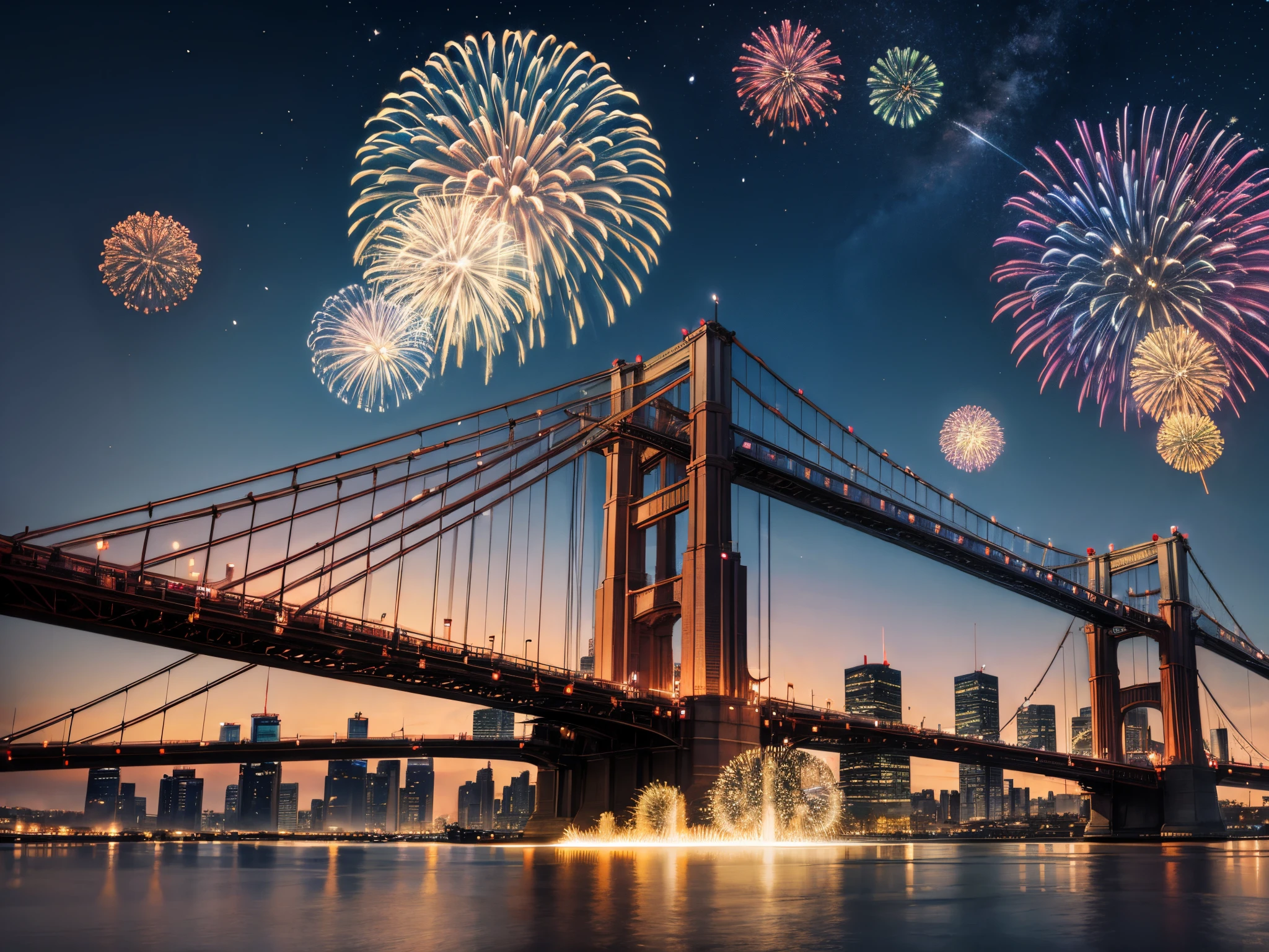 Envision a cityscape with bridges adorned in patriotic lights and fractal fireworks bursting overhead, creating a dynamic and interconnected celebration. enormous tits