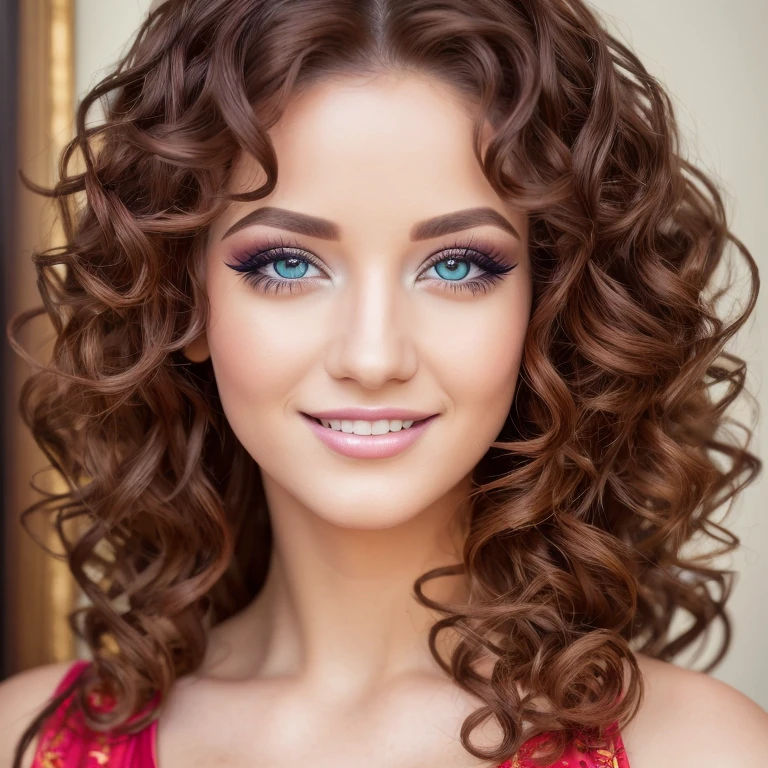(best quality,high resolution:1.2,8k,masterpiece:1.2),photofashion,(portrait,realistic:1.37),vivid colors,curly hair,fake eyelashes,detailed eyes,looking at the viewer,sly smile