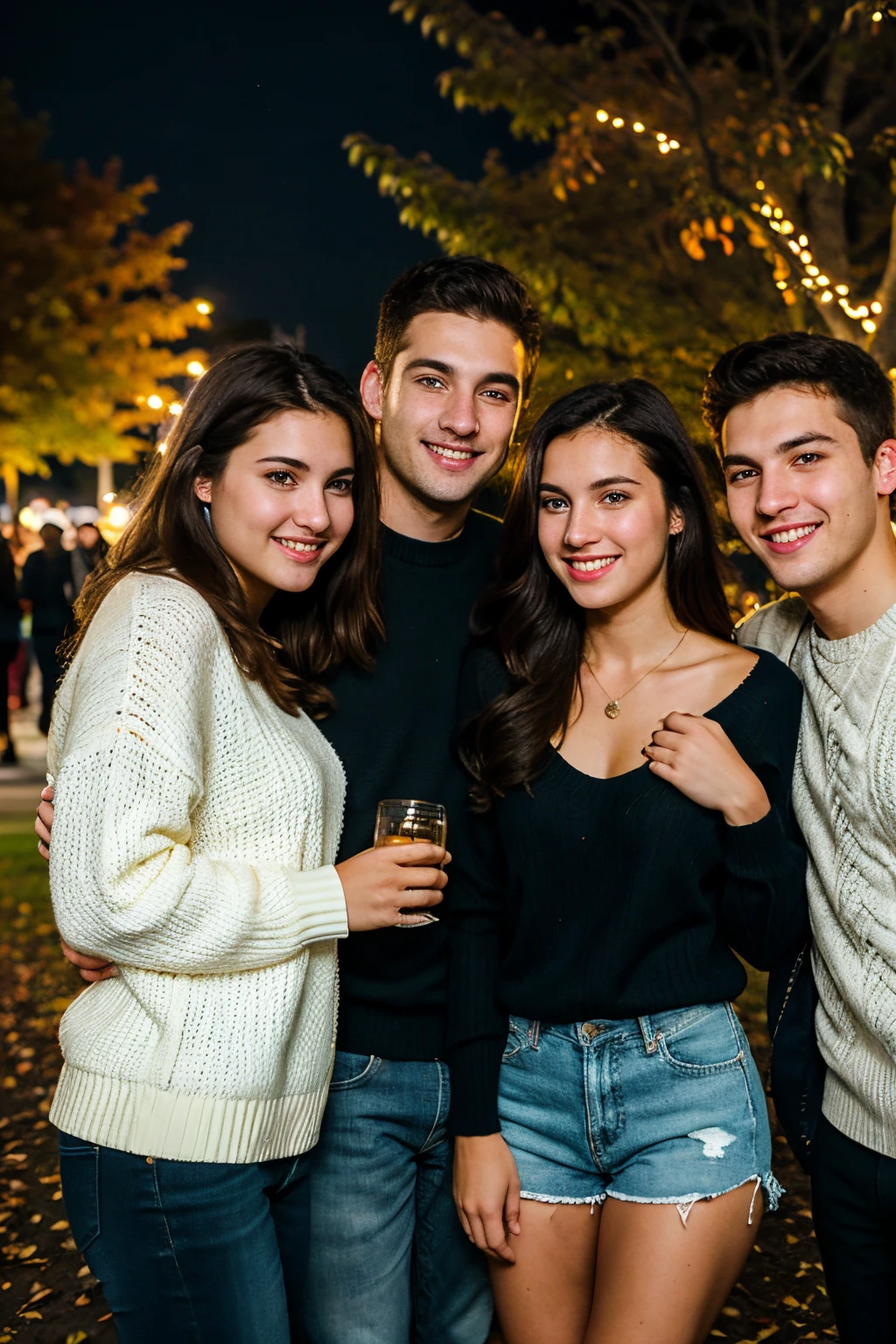 Group photo with friends, night time, party, college, caucasian, male and female, UHD, high quality, super detail, textured skin, casual clothing, sweater, autumn