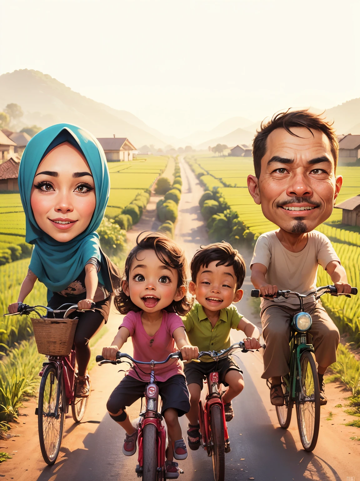 cartoon of a family riding bikes Rural road in Indonesia, ibu memakai hijab, with rice fields on either side and houses of villagers and with a sky background, The rocky road in the countryside leads straight up the mountain, caricature illustration, caricature style, an indonesian family portrait, potrait, digital art cartoon, cartoon artstyle, in cartoon style, cartoon digital art, cartoon digital painting, caricature, cartoon style illustration, happy family, cartoon art, cartoon portrait, digital cartoon painting art, caricature!!!, classic portrait