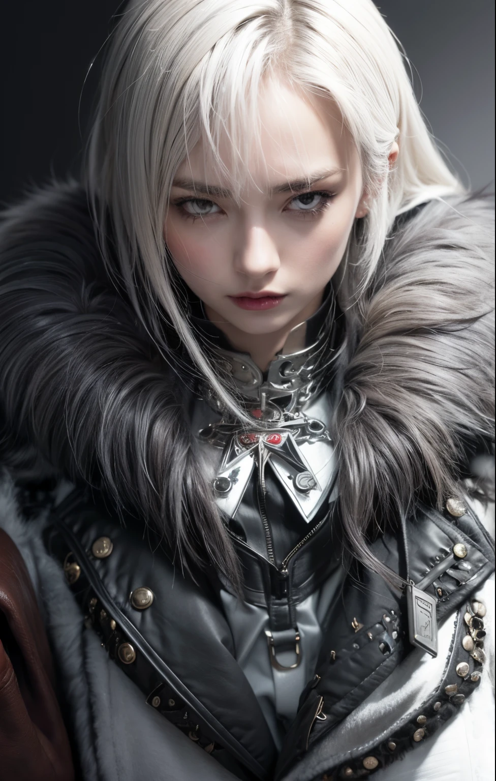 Woman, fierce, furcoat, silvery hair, black dye