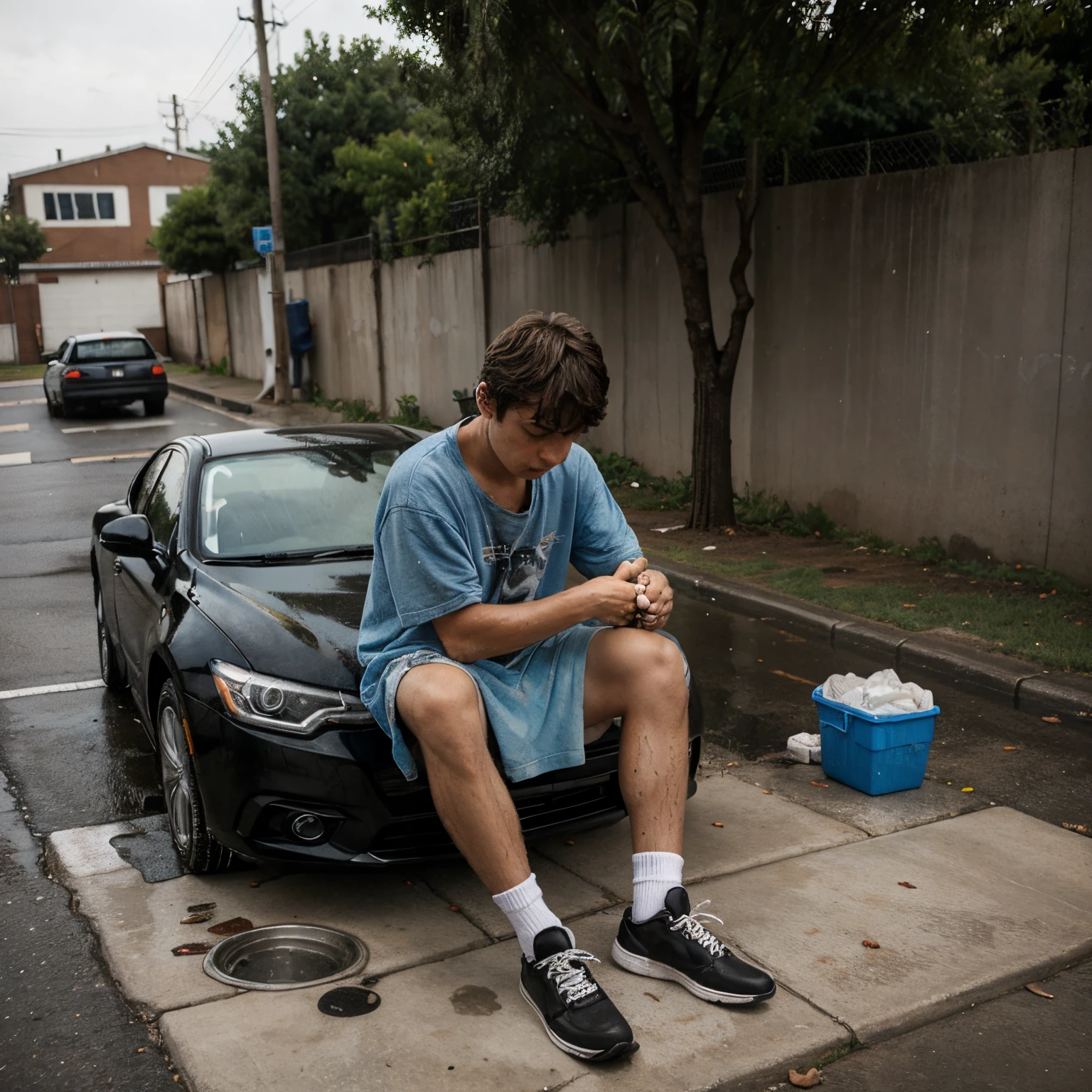 Sad homeless boy offering to wash a car