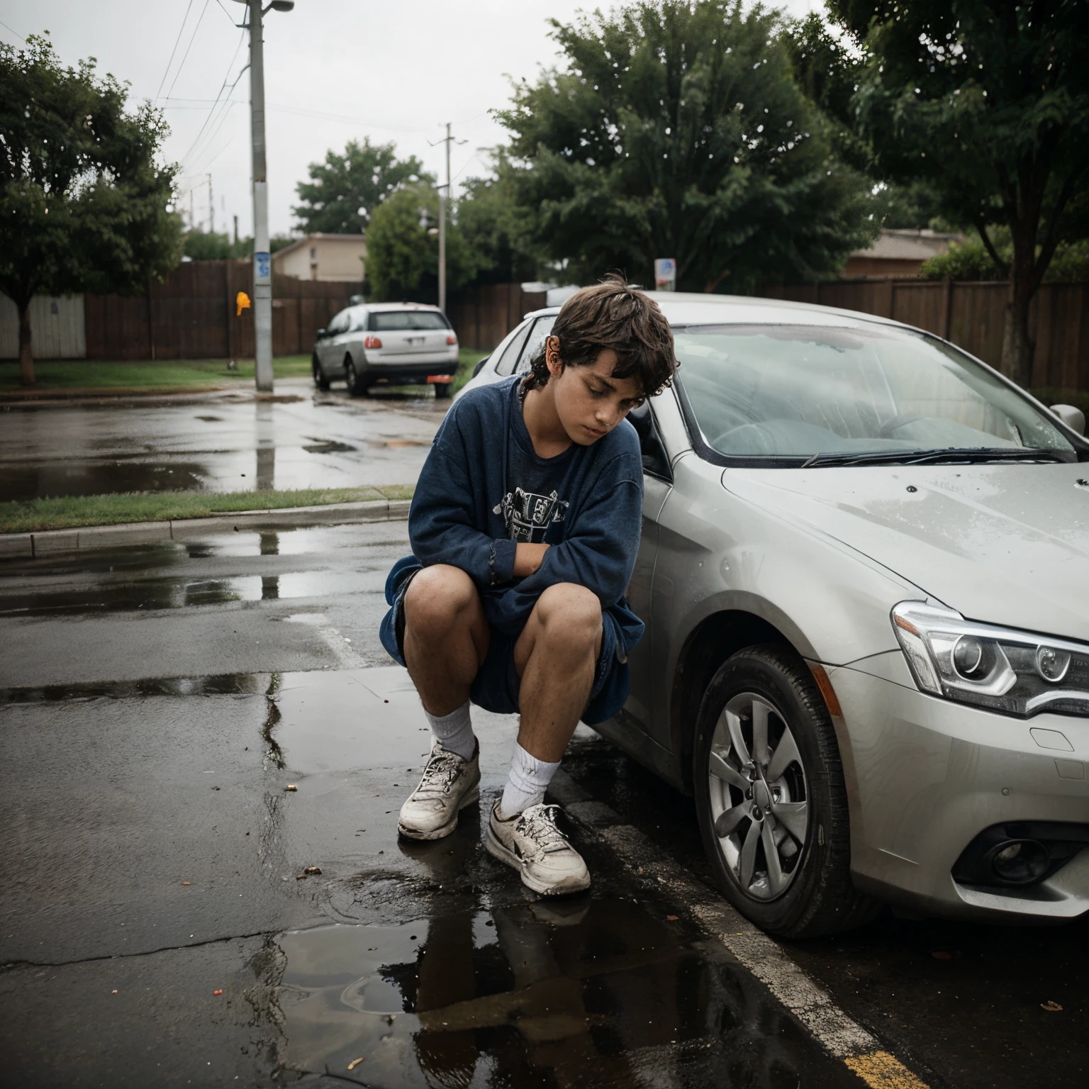 Sad homeless boy offering to wash a car