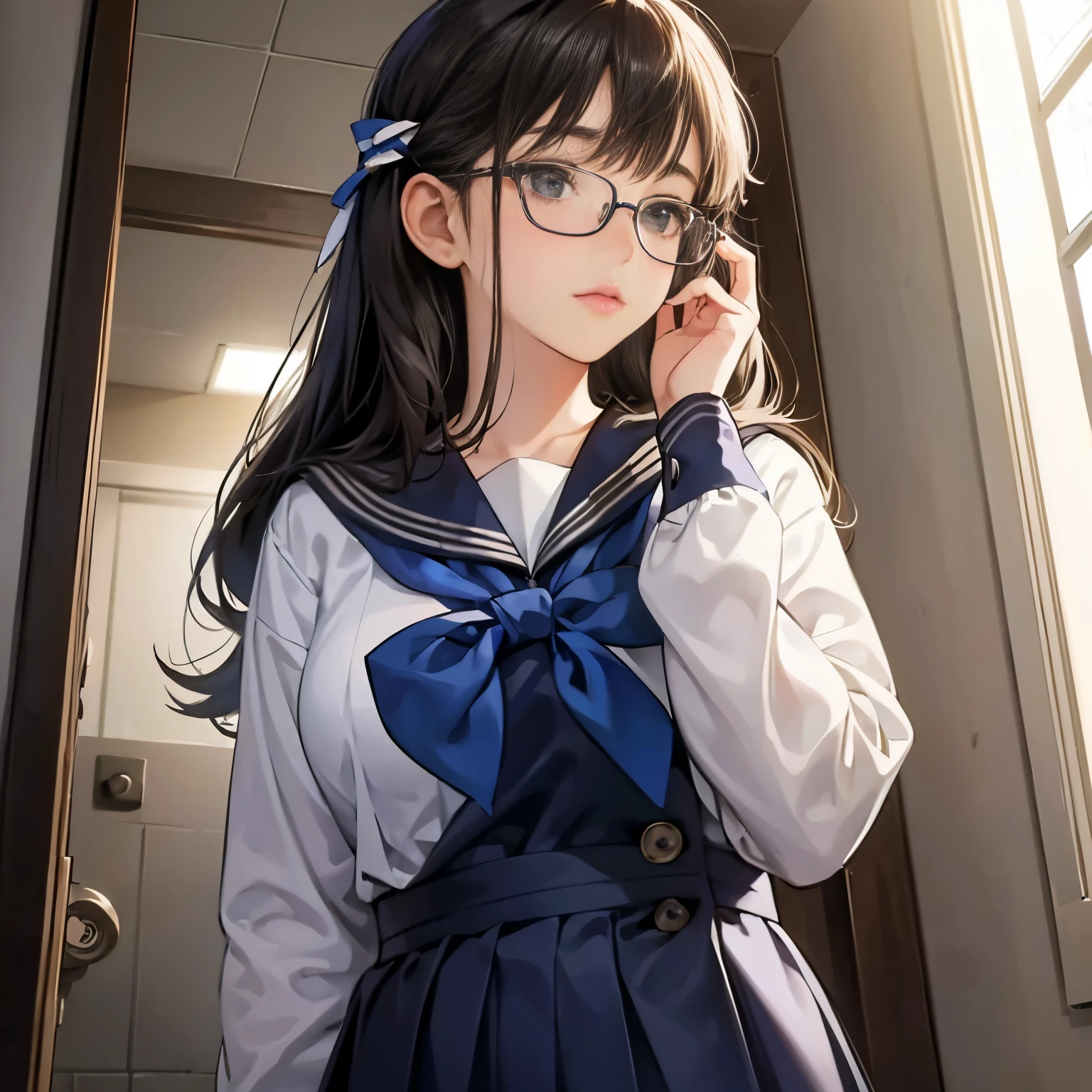 1 girl,A cute girl wearing glasses is tying a ribbon on her sailor suit,,Sleepy look,A dark-haired,tre anatomically correct,Precise fingers,Colossal tits,In the washroom,photorealisim,​masterpiece,